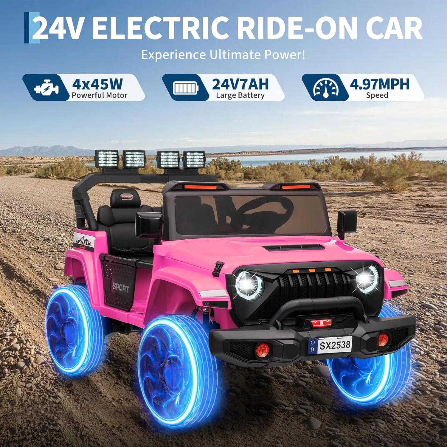 Ride On Toys, Adjustable Car Body, 2 Seater 24V Toddler Car, Ride On Car with Remote Control, Ride On Truck w/ 4-Wheeler Suspension, 3 Speeds, LED Lights, Pink