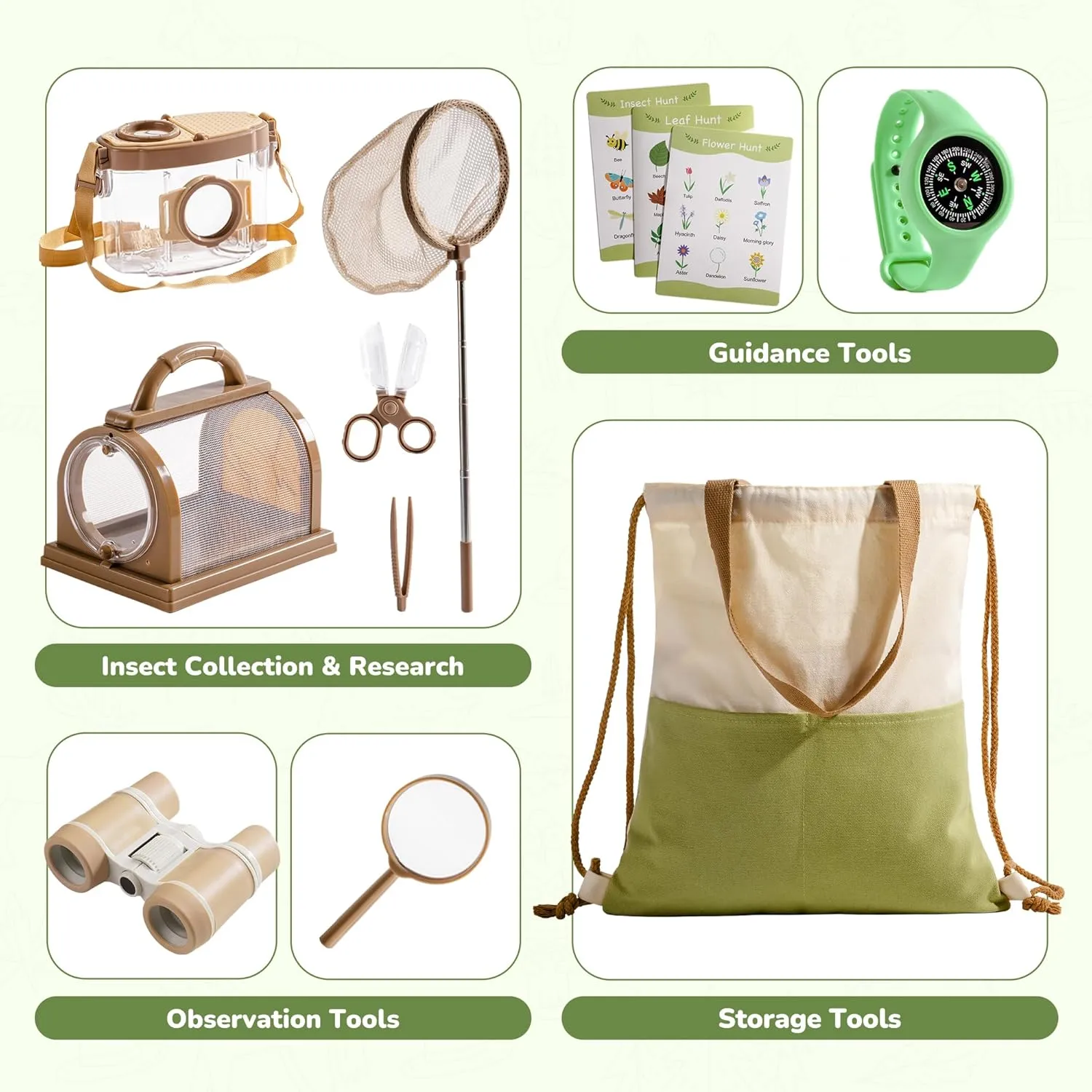 ROBOTIME Explorer Kit & Bug Catcher Kit for Kids, 12PCS Bug Catching Kit, Outdoor Bug Collection with Kids Binoculars, Butterfly Net, Insect Box, Magnifying Glass and Compass Watch for Toddlers 3-12