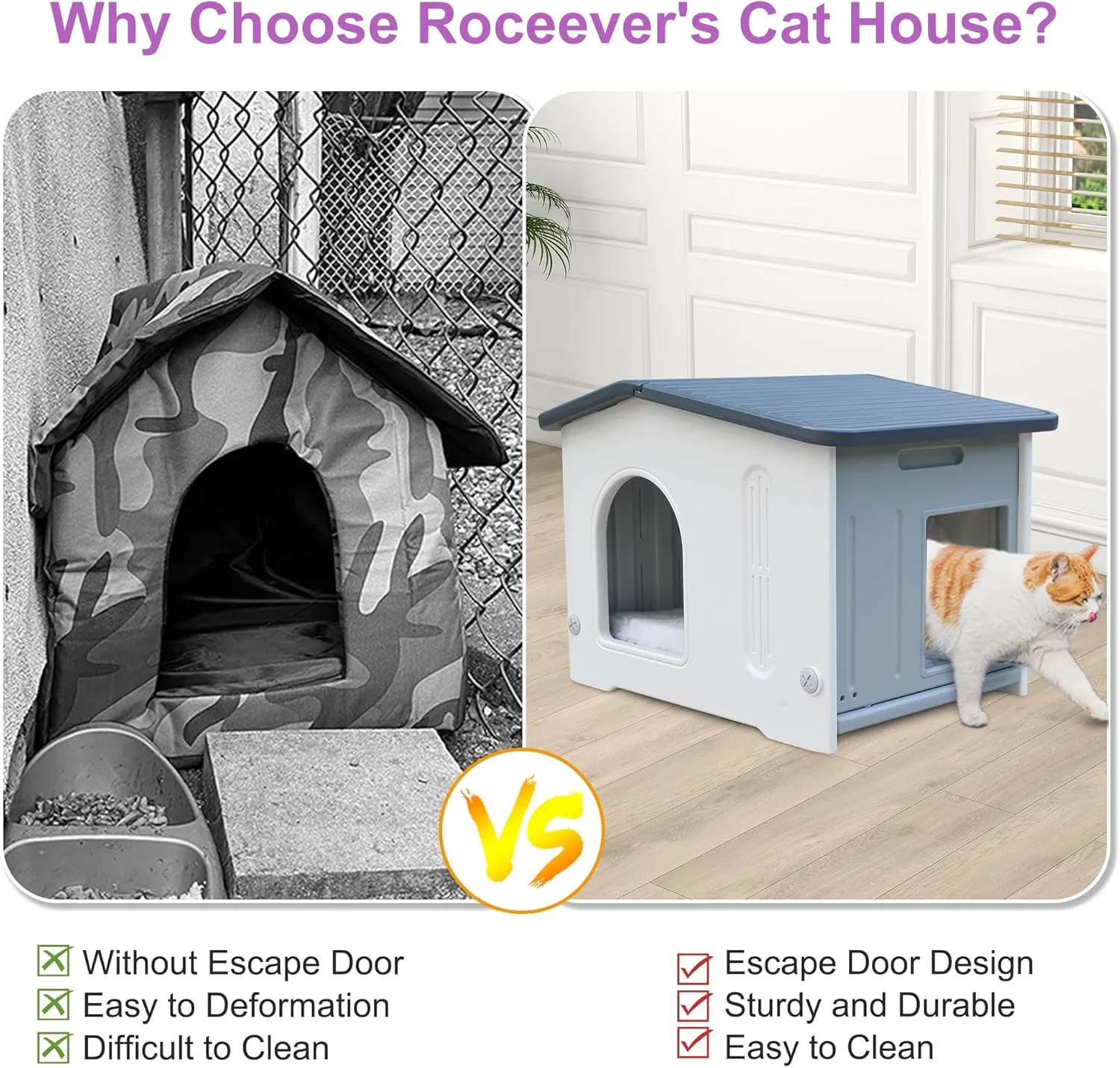 Rockever Plastic Outdoor Cat House with Escape Door, Waterproof Cat Shelters for Feral Cats Indoor Cat House with Mat, Sturdy Cat House for Outdoor Cats, Assemble Easily-Grey