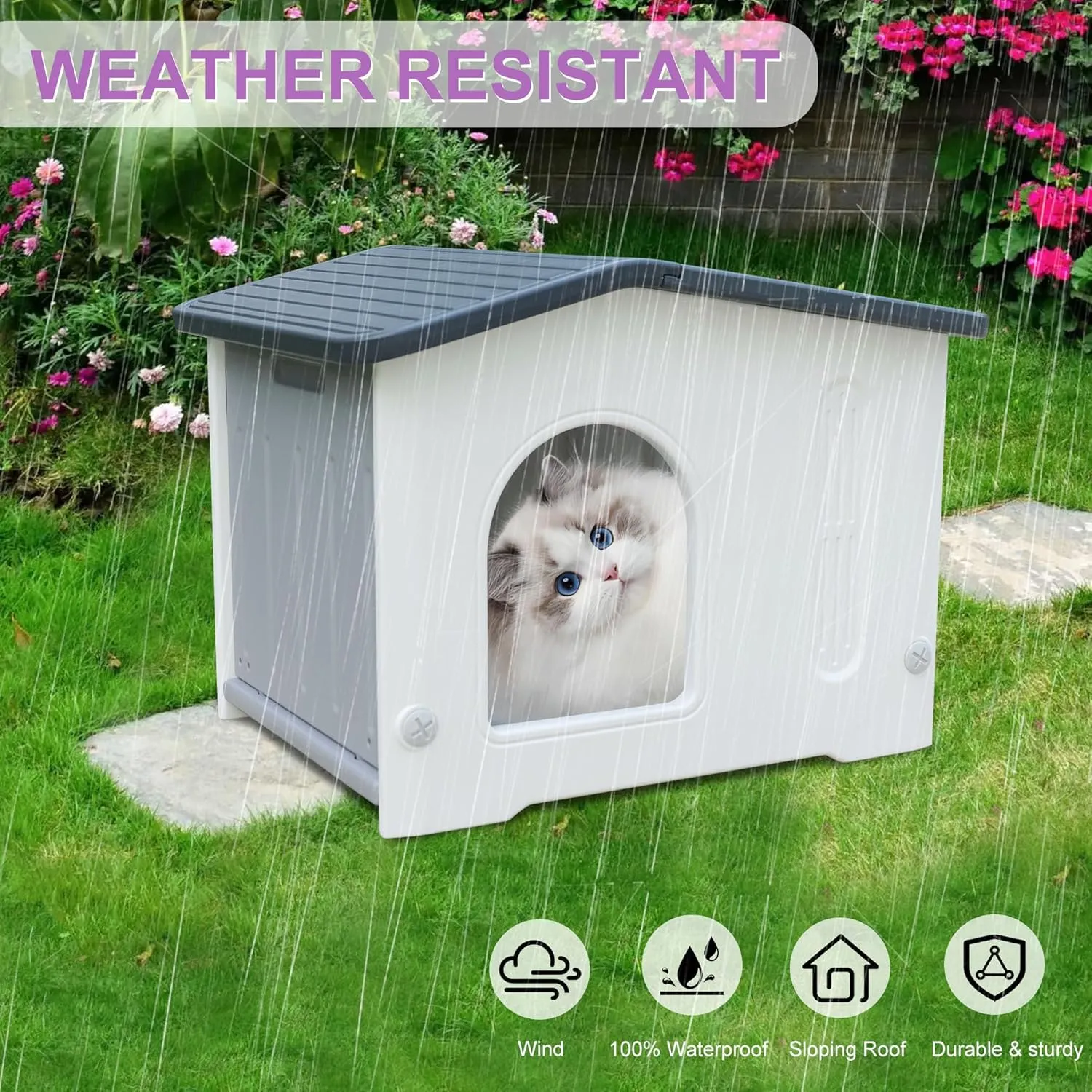 Rockever Plastic Outdoor Cat House with Escape Door, Waterproof Cat Shelters for Feral Cats Indoor Cat House with Mat, Sturdy Cat House for Outdoor Cats, Assemble Easily-Grey