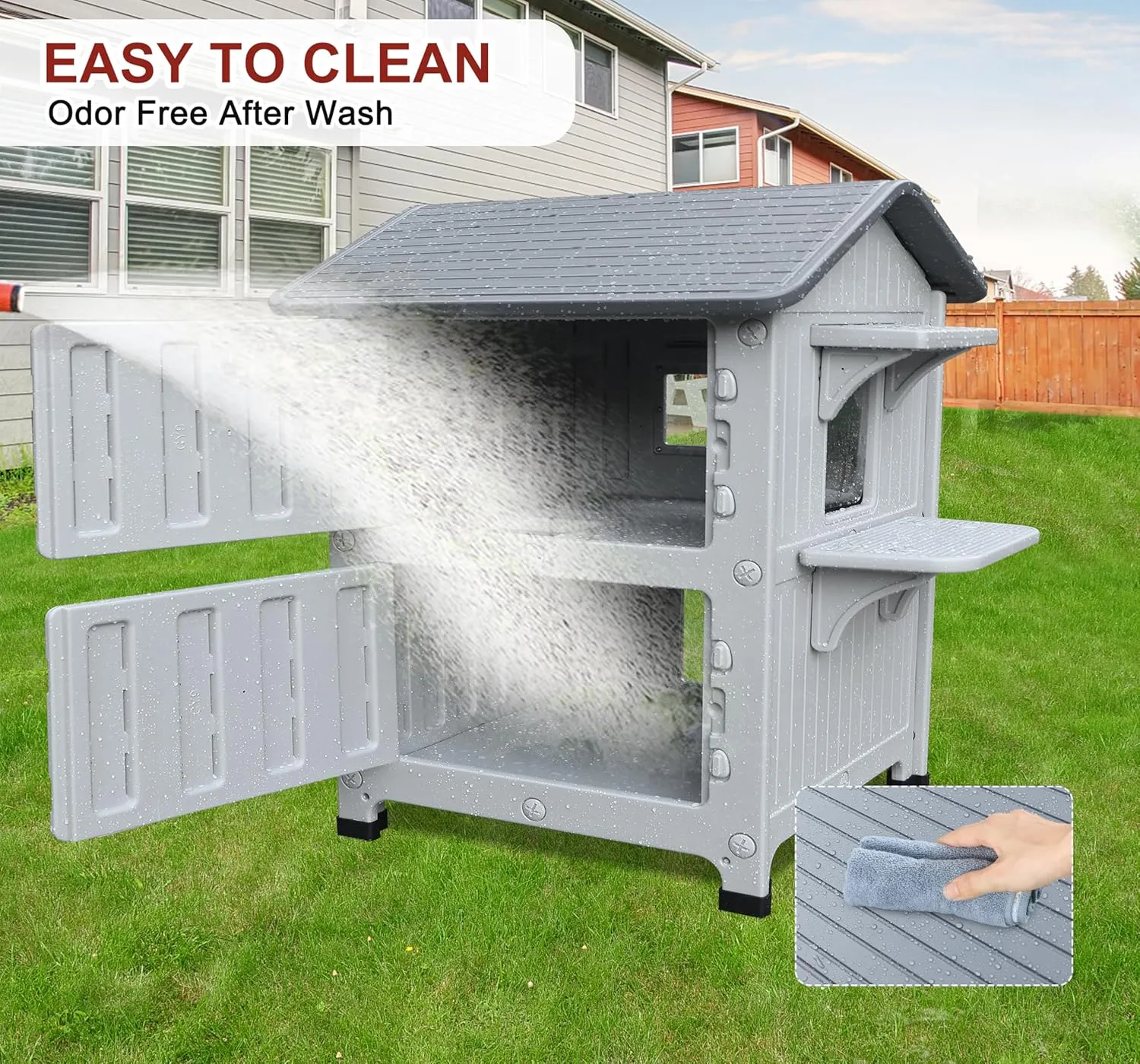 Rockever Plastic Outdoor Cat House with Insulated Liner, 100% Insulated Outdoor Cat Houses for Winter, Waterproof 2 Story Outside Cat Shelter, Clean and Assemble Easily-Grey