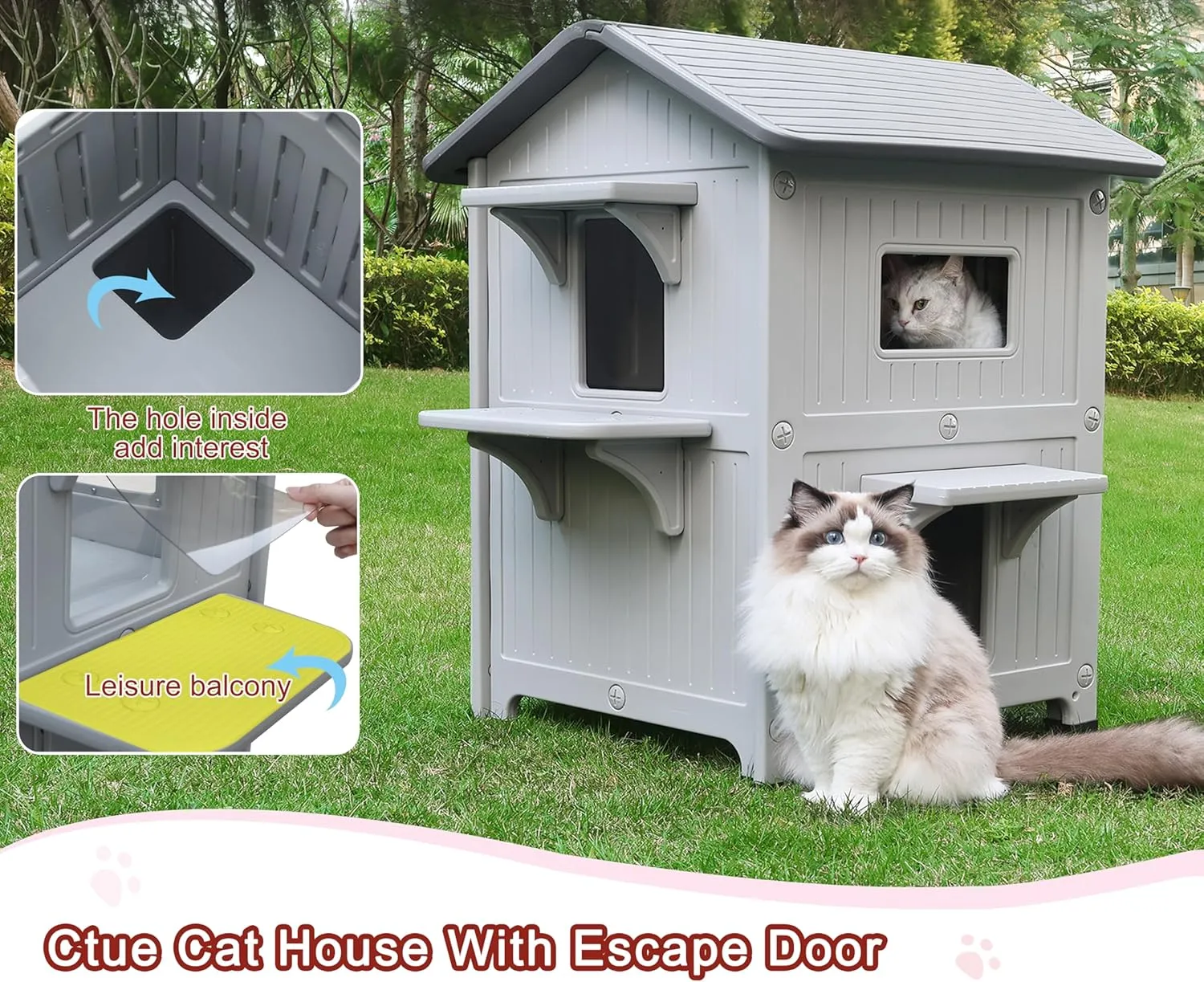 Rockever Plastic Outdoor Cat House with Insulated Liner, 100% Insulated Outdoor Cat Houses for Winter, Waterproof 2 Story Outside Cat Shelter, Clean and Assemble Easily-Grey