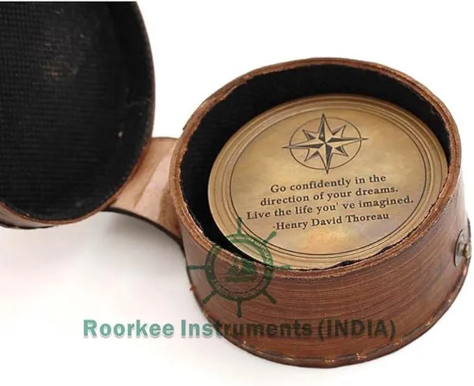 Roorkee Instruments Antique Nautical Vintage Directional Magnetic Sundial Clock Pocket Compass Quote Engraved Gifts with leather Case, son, Love Henry David Thoreau Go confidently in The direction