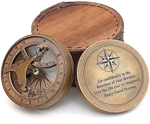 Roorkee Instruments Antique Nautical Vintage Directional Magnetic Sundial Clock Pocket Compass Quote Engraved Gifts with leather Case, son, Love Henry David Thoreau Go confidently in The direction