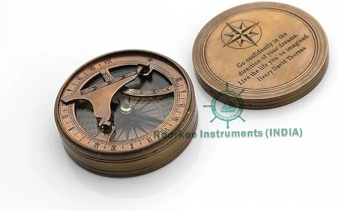 Roorkee Instruments Antique Nautical Vintage Directional Magnetic Sundial Clock Pocket Compass Quote Engraved Gifts with leather Case, son, Love Henry David Thoreau Go confidently in The direction