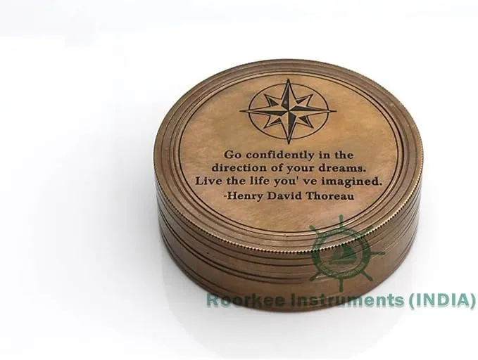 Roorkee Instruments Antique Nautical Vintage Directional Magnetic Sundial Clock Pocket Compass Quote Engraved Gifts with leather Case, son, Love Henry David Thoreau Go confidently in The direction