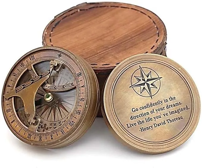 Roorkee Instruments Antique Nautical Vintage Directional Magnetic Sundial Clock Pocket Compass Quote Engraved Gifts with leather Case, son, Love Henry David Thoreau Go confidently in The direction