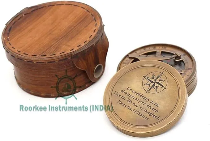 Roorkee Instruments Antique Nautical Vintage Directional Magnetic Sundial Clock Pocket Compass Quote Engraved Gifts with leather Case, son, Love Henry David Thoreau Go confidently in The direction