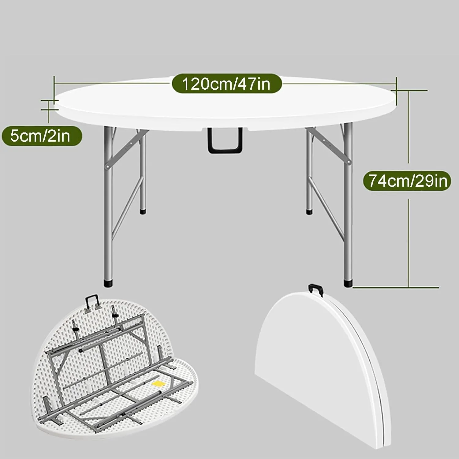 Round Folding Table, Folding Picnic Table for Outdoor with Handle, Portable Outdoor Table with Metal Bracket, 300Kg Load Bearing, Camping Accessories for Home Picnic BBQ Garden(White,120x74cm/47x29in)