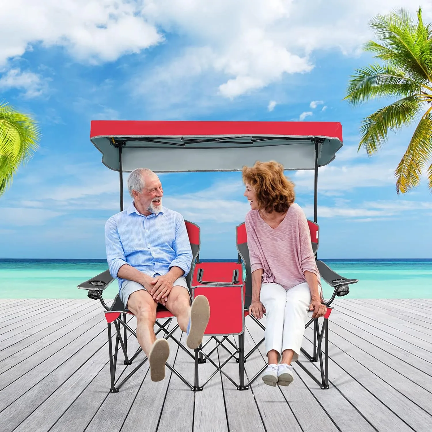 S AFSTAR Safstar Double Camping Chair w/Shade Canopy, 2-Person Folding Camp and Beach Chair with Mini Table Beverage Cup Holder Carrying Bag for Garden Patio Pool Beach