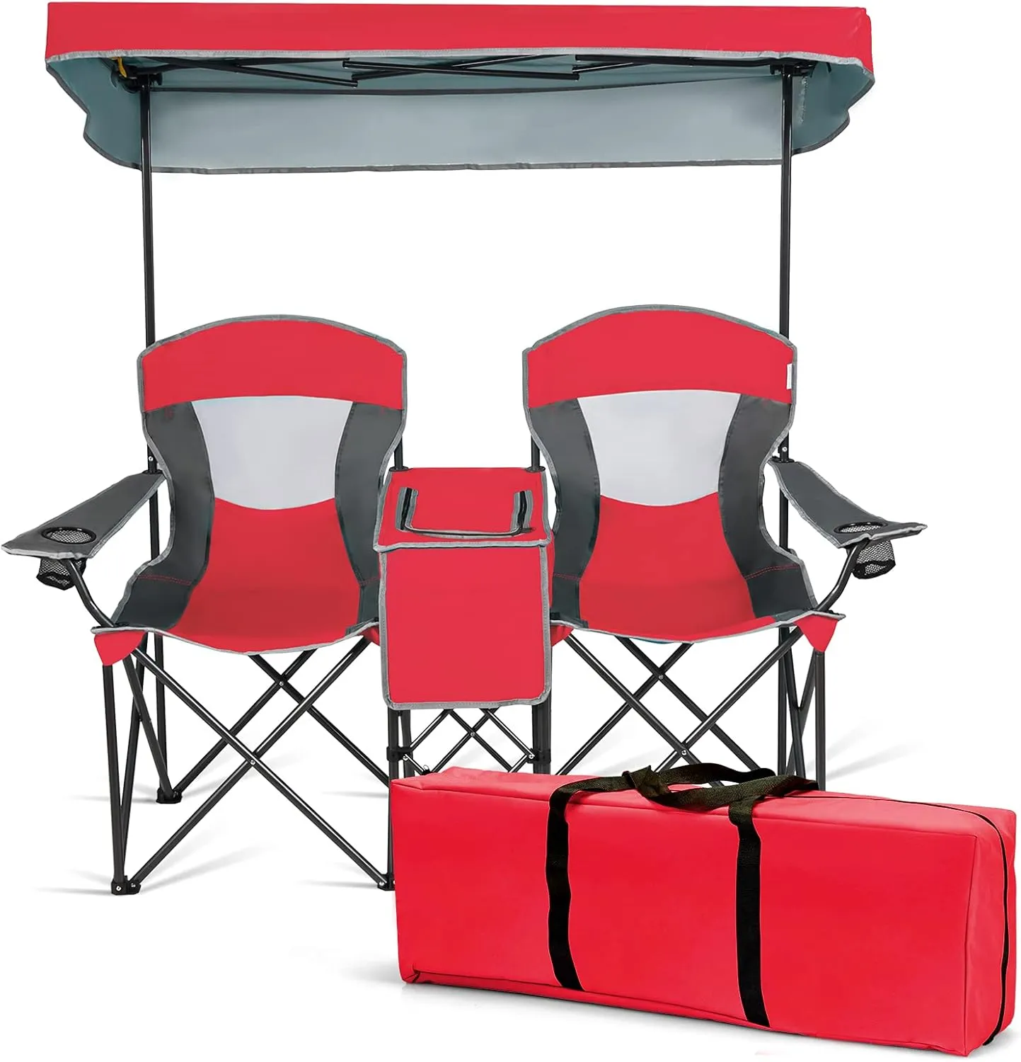 S AFSTAR Safstar Double Camping Chair w/Shade Canopy, 2-Person Folding Camp and Beach Chair with Mini Table Beverage Cup Holder Carrying Bag for Garden Patio Pool Beach