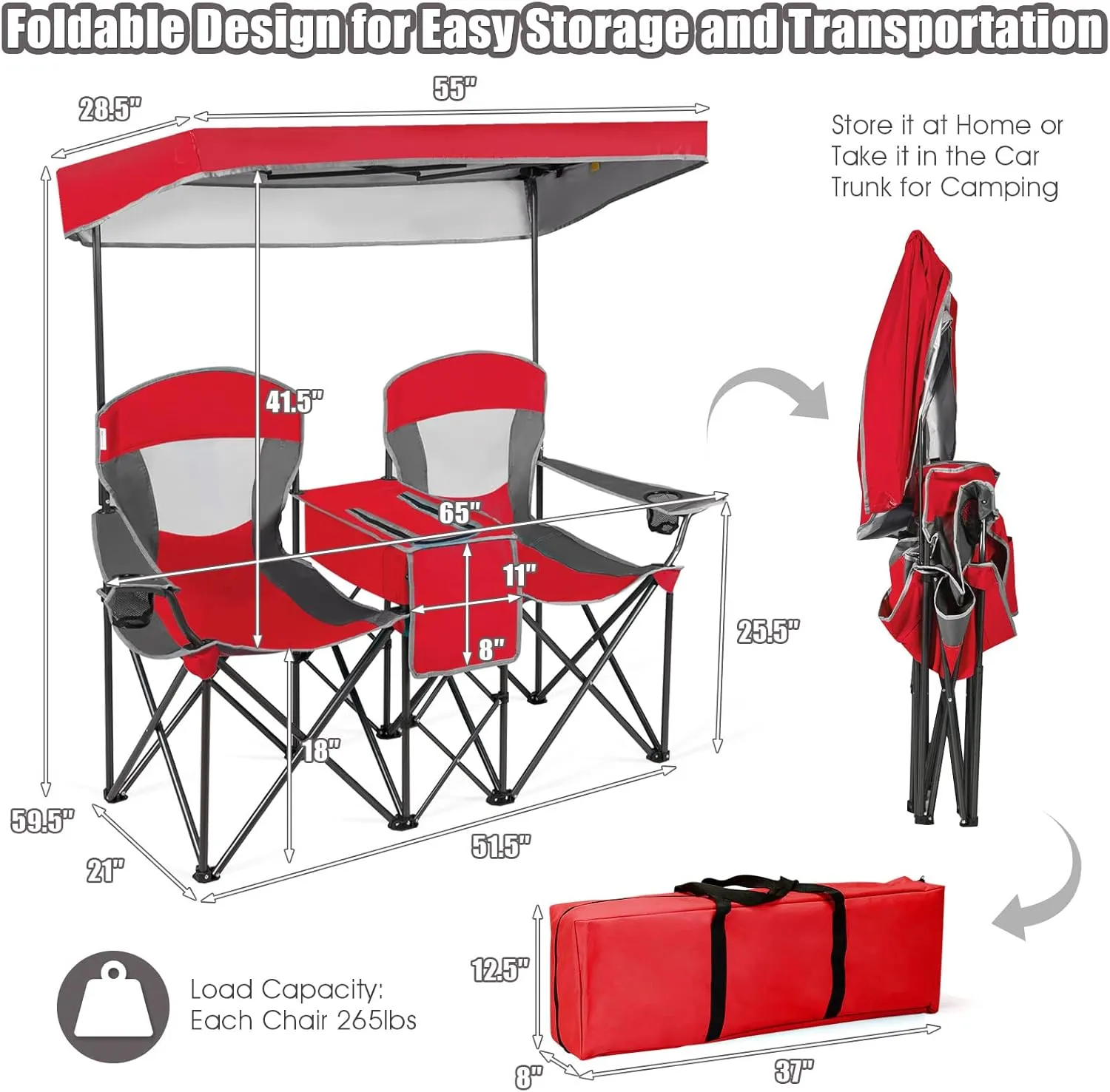 S AFSTAR Safstar Double Camping Chair w/Shade Canopy, 2-Person Folding Camp and Beach Chair with Mini Table Beverage Cup Holder Carrying Bag for Garden Patio Pool Beach