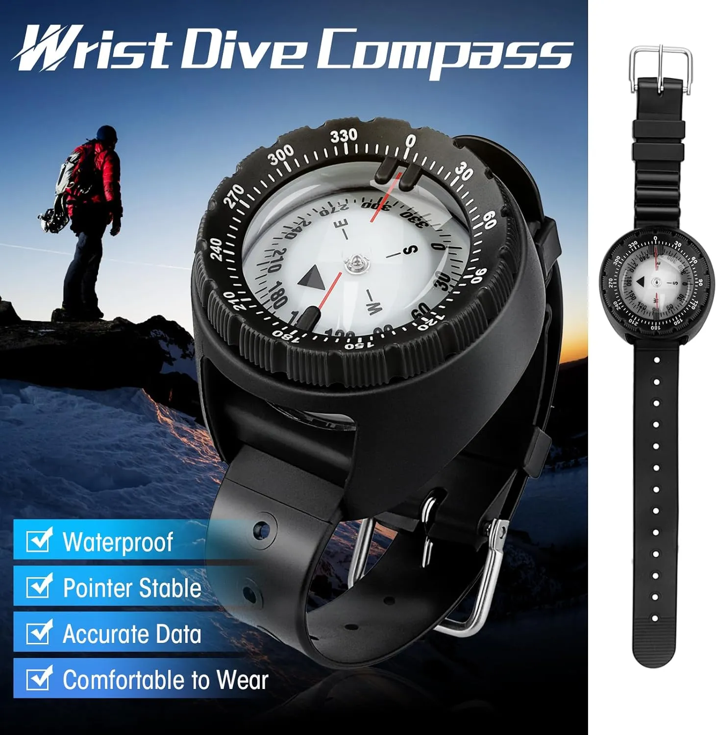 Scuba Compass, Professional Waterproof 5ATM Dive Wrist Compass with TPU Band for Outdoor Sports Diving, Sailing, Hiking, Survival Emergency