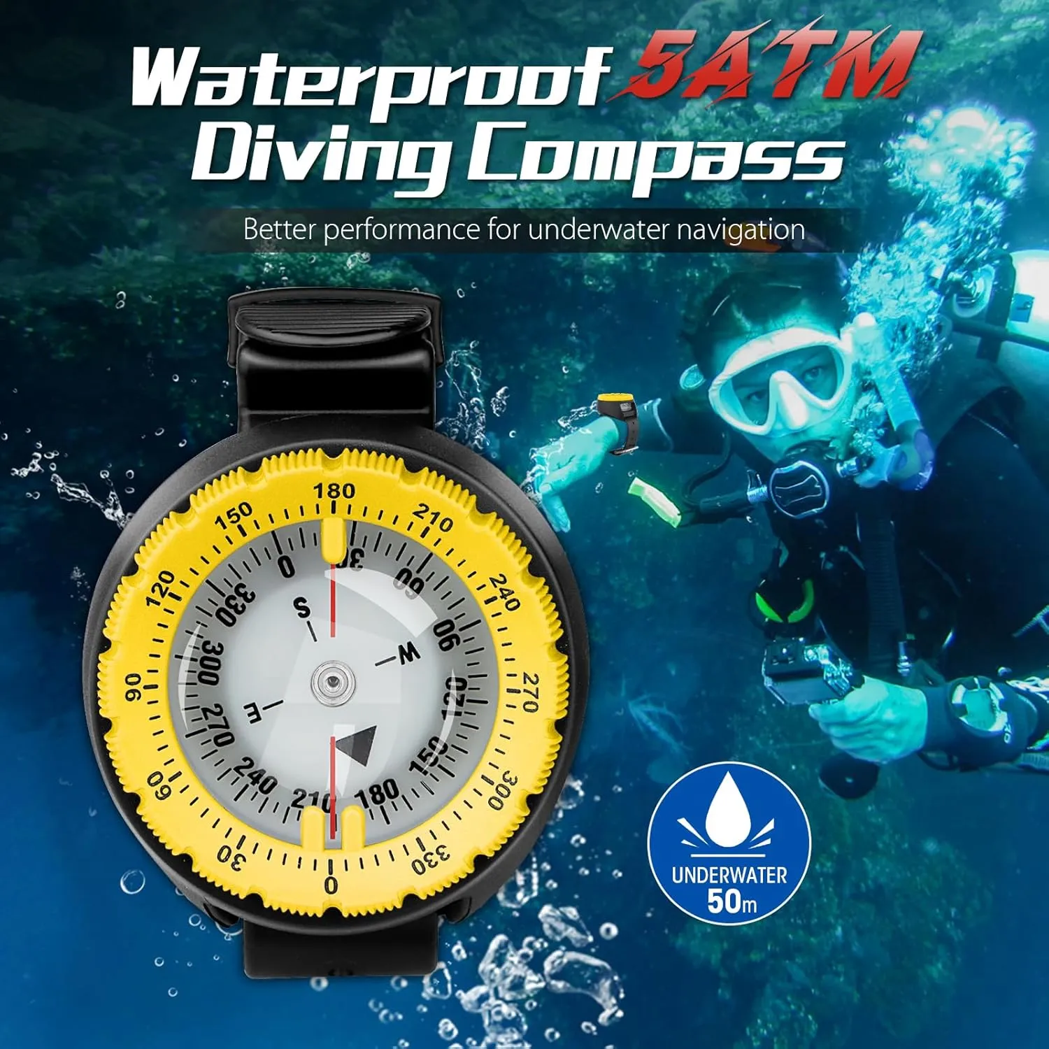Scuba Compass, Professional Waterproof 5ATM Dive Wrist Compass with TPU Band for Outdoor Sports Diving, Sailing, Hiking, Survival Emergency