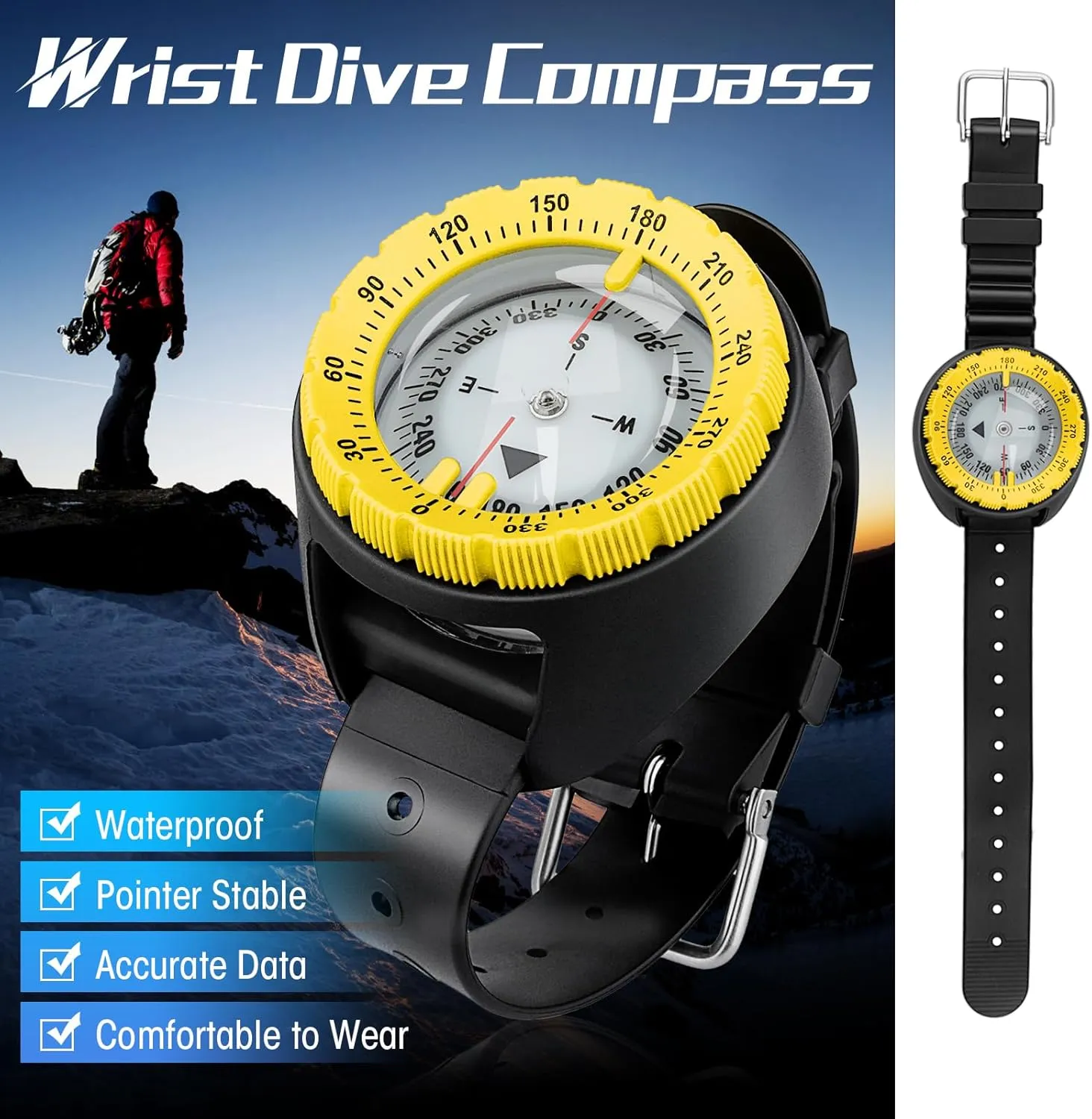 Scuba Compass, Professional Waterproof 5ATM Dive Wrist Compass with TPU Band for Outdoor Sports Diving, Sailing, Hiking, Survival Emergency