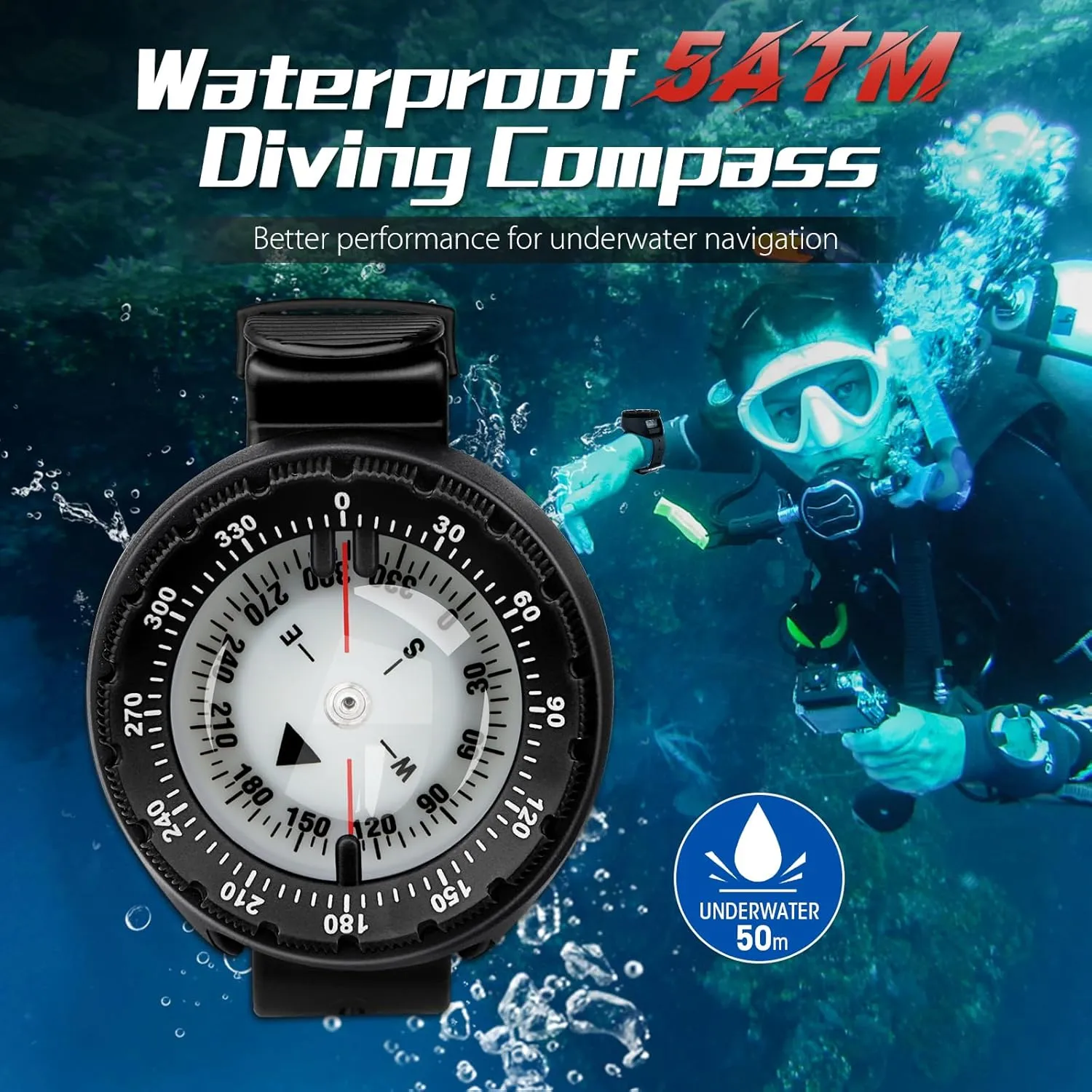 Scuba Compass, Professional Waterproof 5ATM Dive Wrist Compass with TPU Band for Outdoor Sports Diving, Sailing, Hiking, Survival Emergency