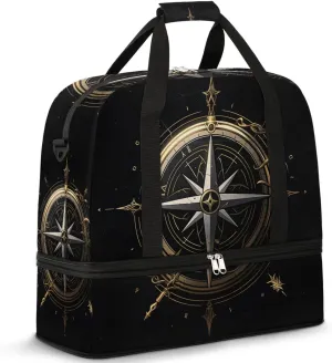 Sea Compass Pattern Travel Duffel Bag for Women Men Weekender Overnight Bag with Shoe Compartment Foldable Sports Gym Luggage Bag