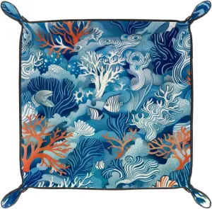 Sea Coral Fish Microfiber Leather Dice Trays Folding for RPG DND Table Games, Leather Dice Holder Storage Box Portable Folding Rolling Dice Tray, 16x16cm