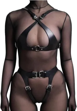 Sexy Women Faux Leather Lingerie Harness Belt Erotic Suspender Bra Belts Thigh Garters Belt Bondage Rave Sek Gothic Clothes 2PCS (Color : Set 1, Size : Adjustable)