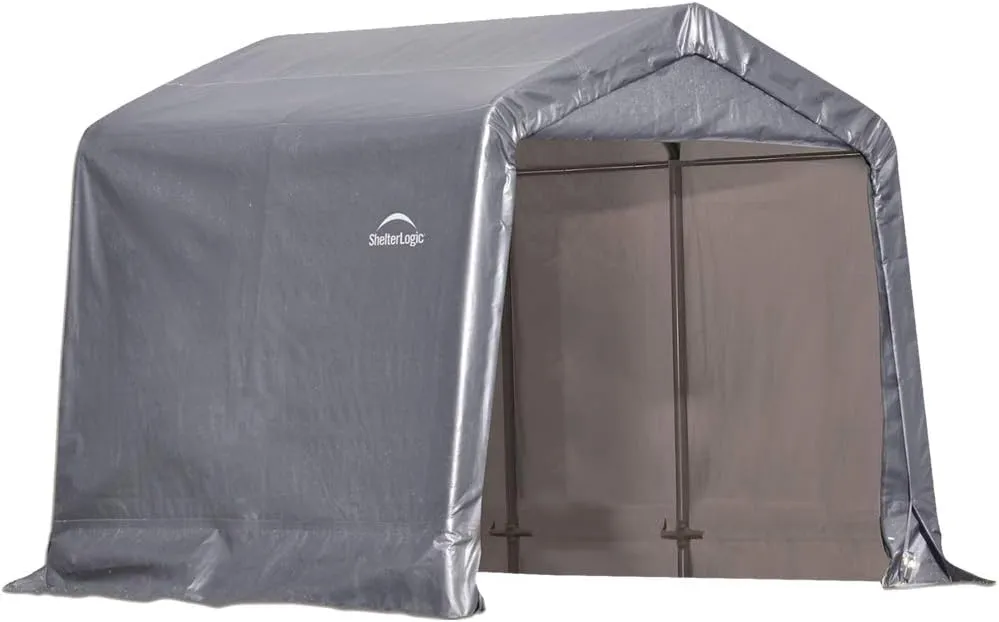 ShelterLogic 8' x 8' x 8' Shed-in-a-Box All Season Steel Metal Peak Roof Outdoor Storage Shed with Waterproof Cover and Heavy Duty Reusable Auger Anchors
