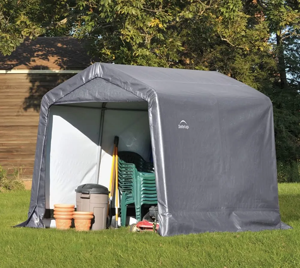 ShelterLogic 8' x 8' x 8' Shed-in-a-Box All Season Steel Metal Peak Roof Outdoor Storage Shed with Waterproof Cover and Heavy Duty Reusable Auger Anchors