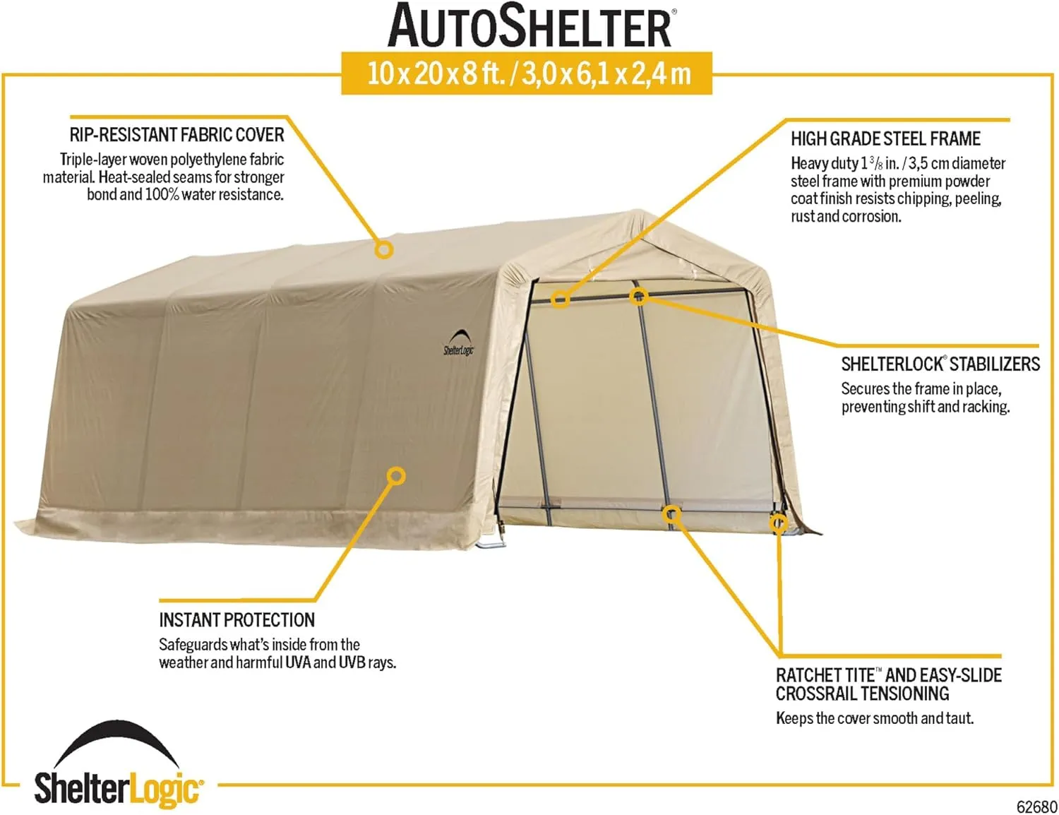 ShelterLogic Peak Style Roof Instant Garage Carport Car Canopy with Steel Frame and Waterproof UV-Treated Cover