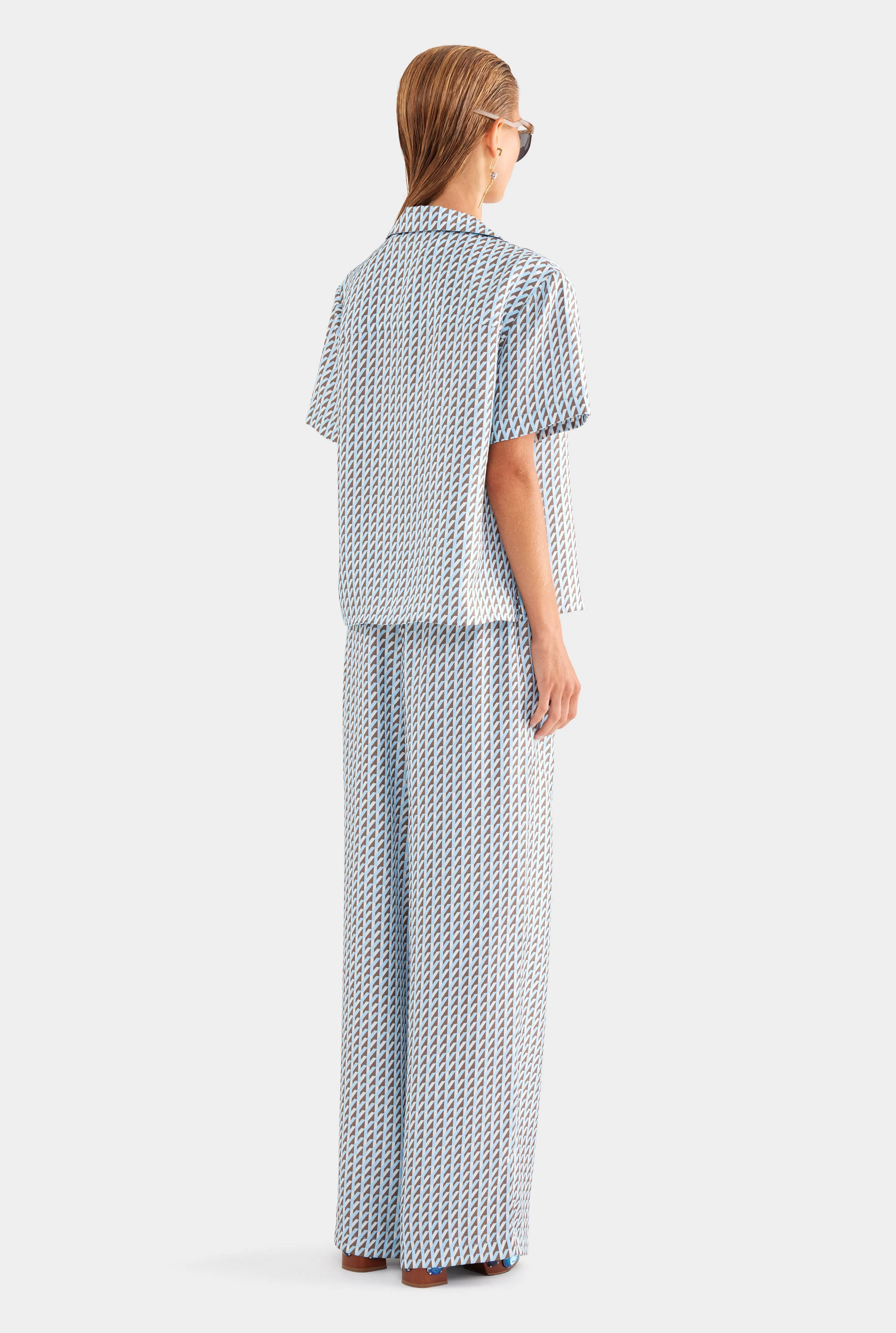 Silk Camp Collar Shirt - Powder Blue/Chestnut V Monogram