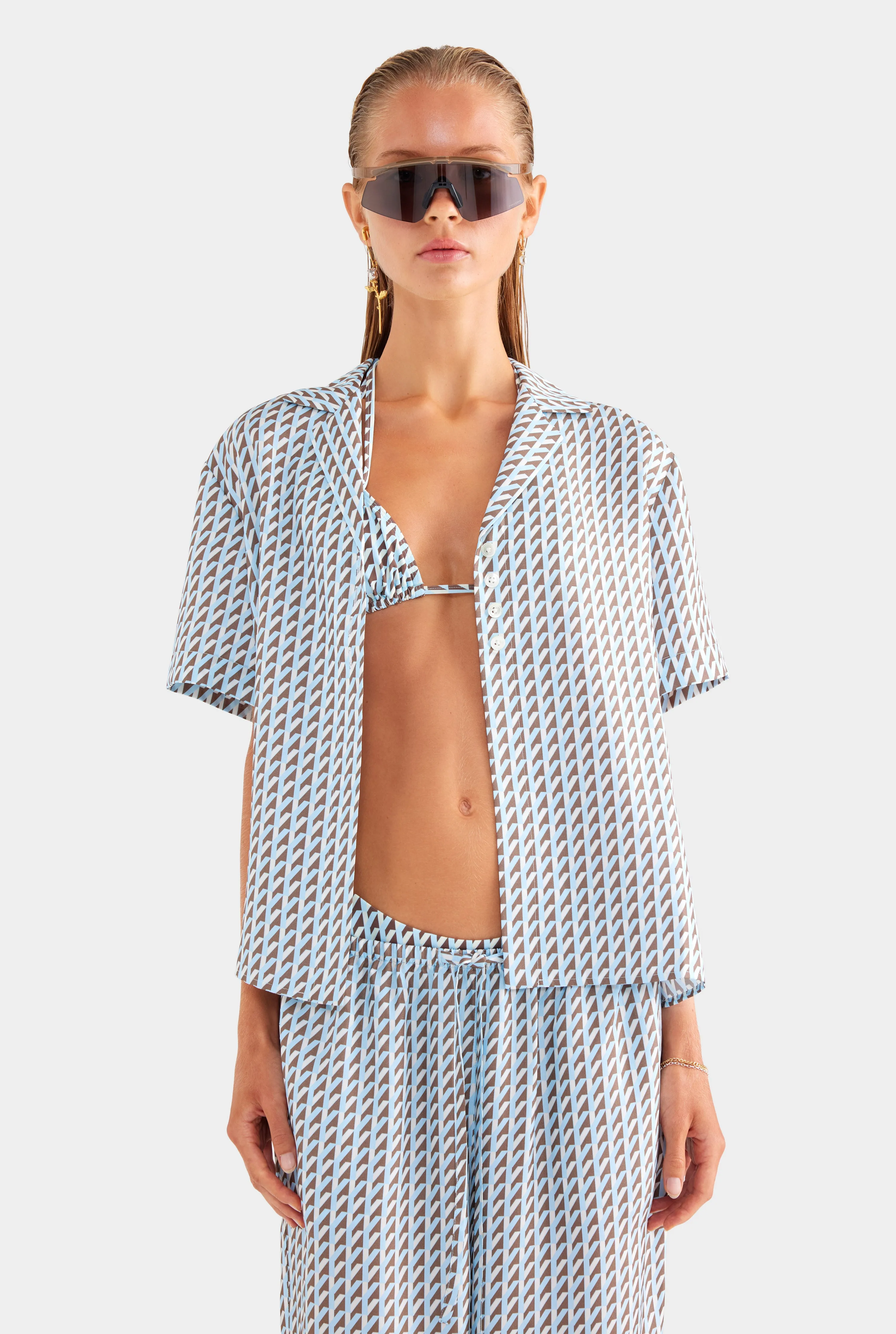 Silk Camp Collar Shirt - Powder Blue/Chestnut V Monogram