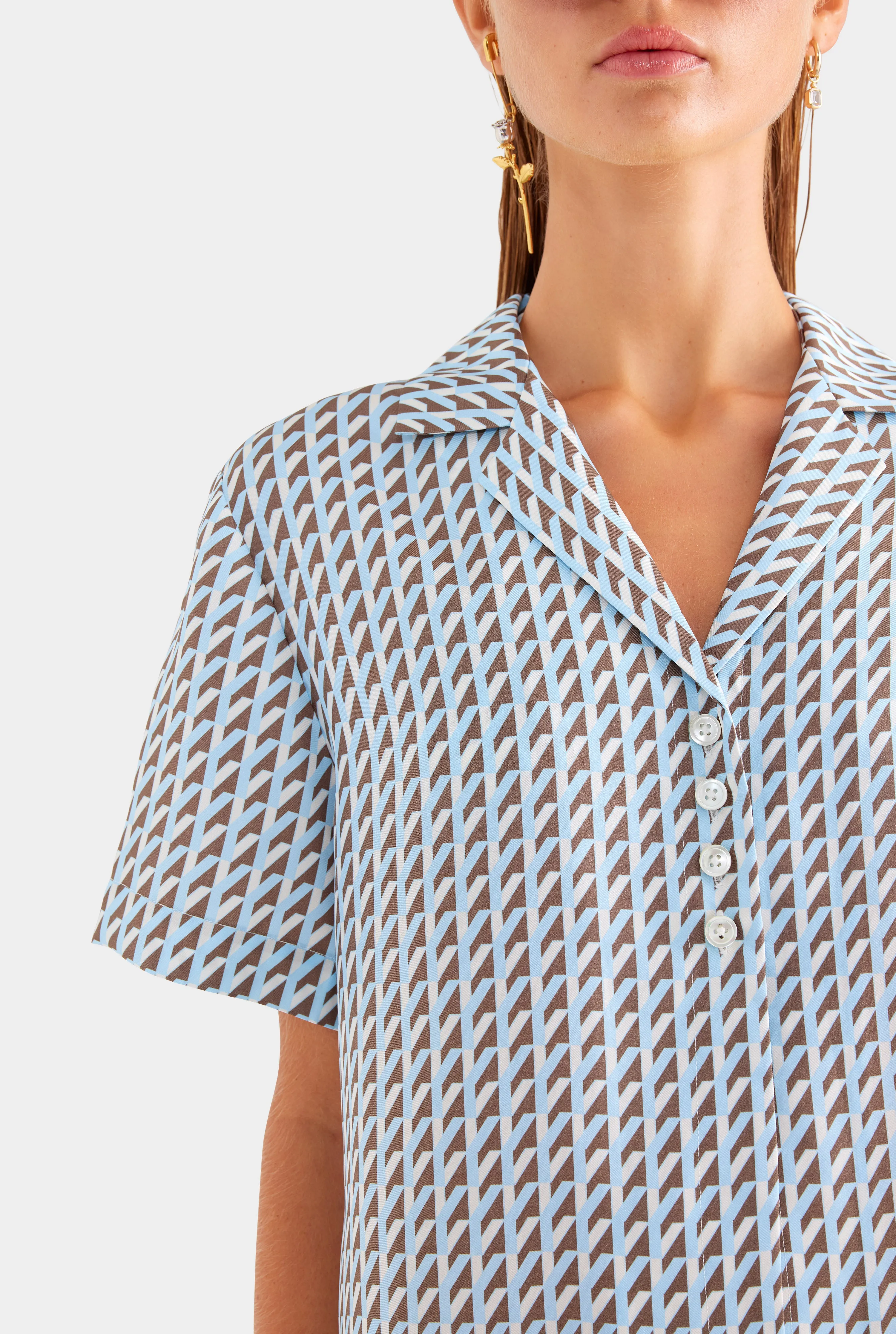 Silk Camp Collar Shirt - Powder Blue/Chestnut V Monogram