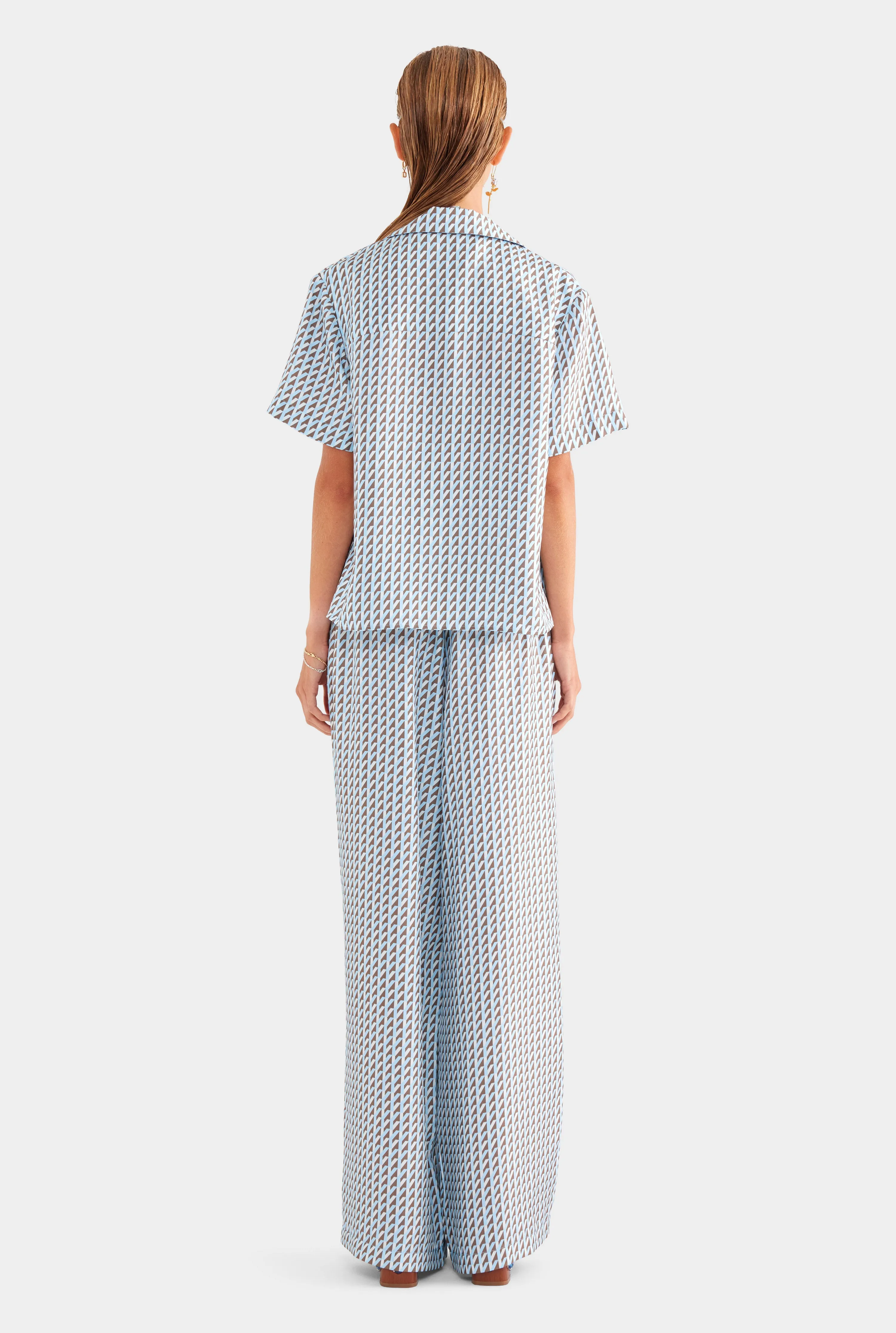 Silk Camp Collar Shirt - Powder Blue/Chestnut V Monogram
