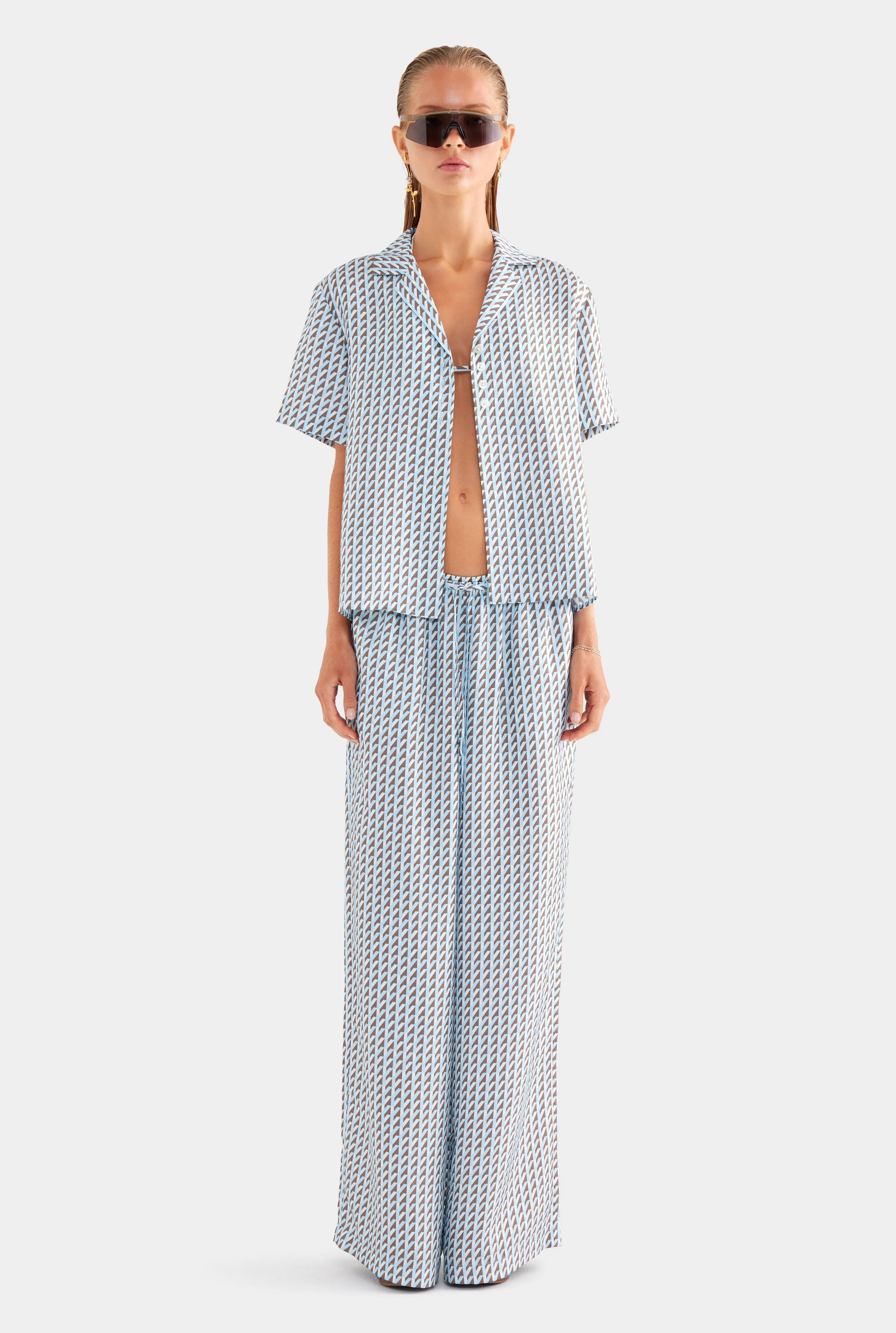 Silk Camp Collar Shirt - Powder Blue/Chestnut V Monogram
