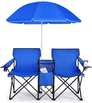 SILKYDRY Double Folding Camping Chairs, Portable 2-Seat Beach Chairs w/Ice Cooler Bag, Pocket, Carry Bag, Removable Umbrella & Cup Holders, Outdoor 2-Person Picnic Chairs for Patio, Pool (Blue)