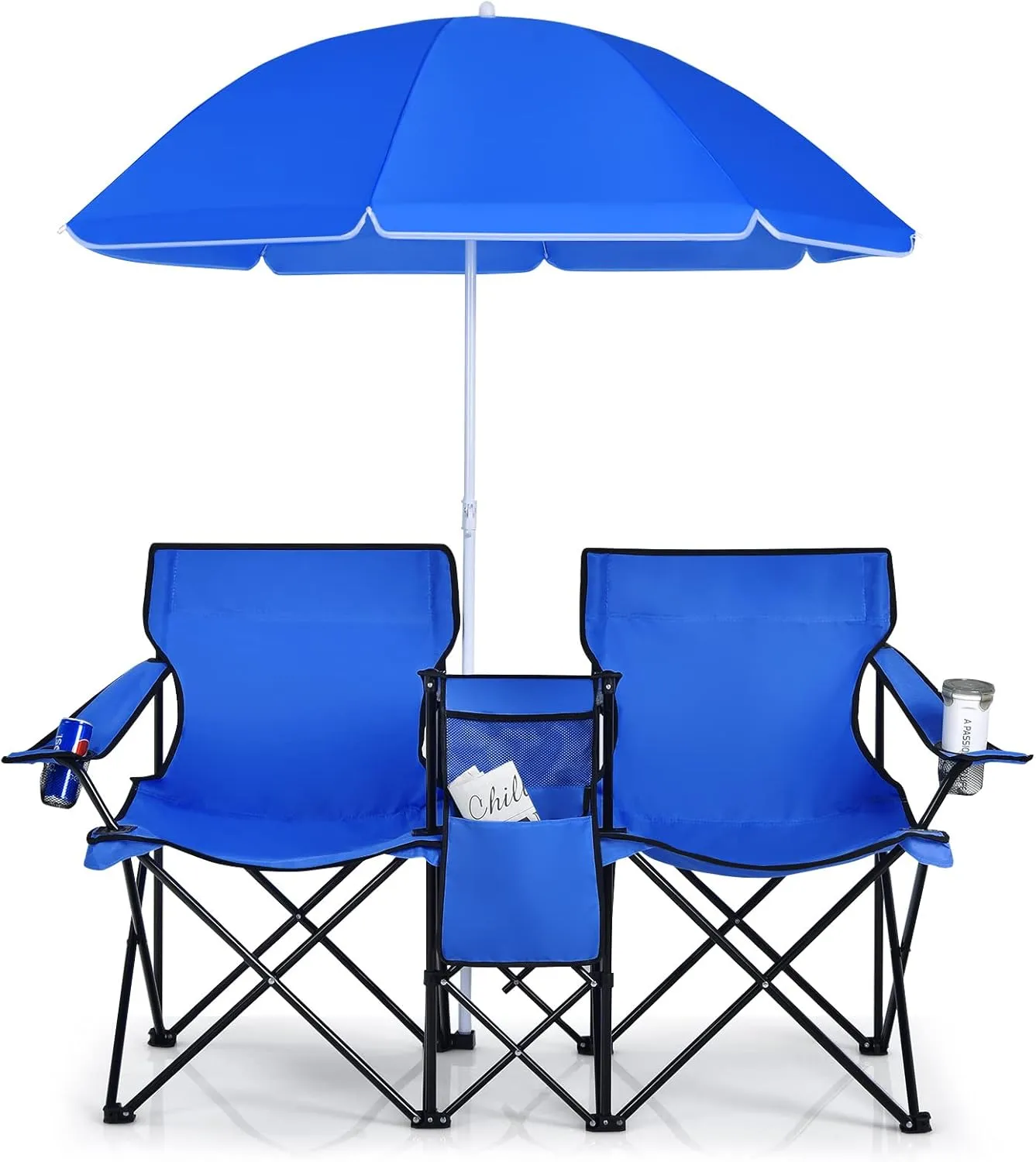 SILKYDRY Double Folding Camping Chairs, Portable 2-Seat Beach Chairs w/Ice Cooler Bag, Pocket, Carry Bag, Removable Umbrella & Cup Holders, Outdoor 2-Person Picnic Chairs for Patio, Pool (Blue)