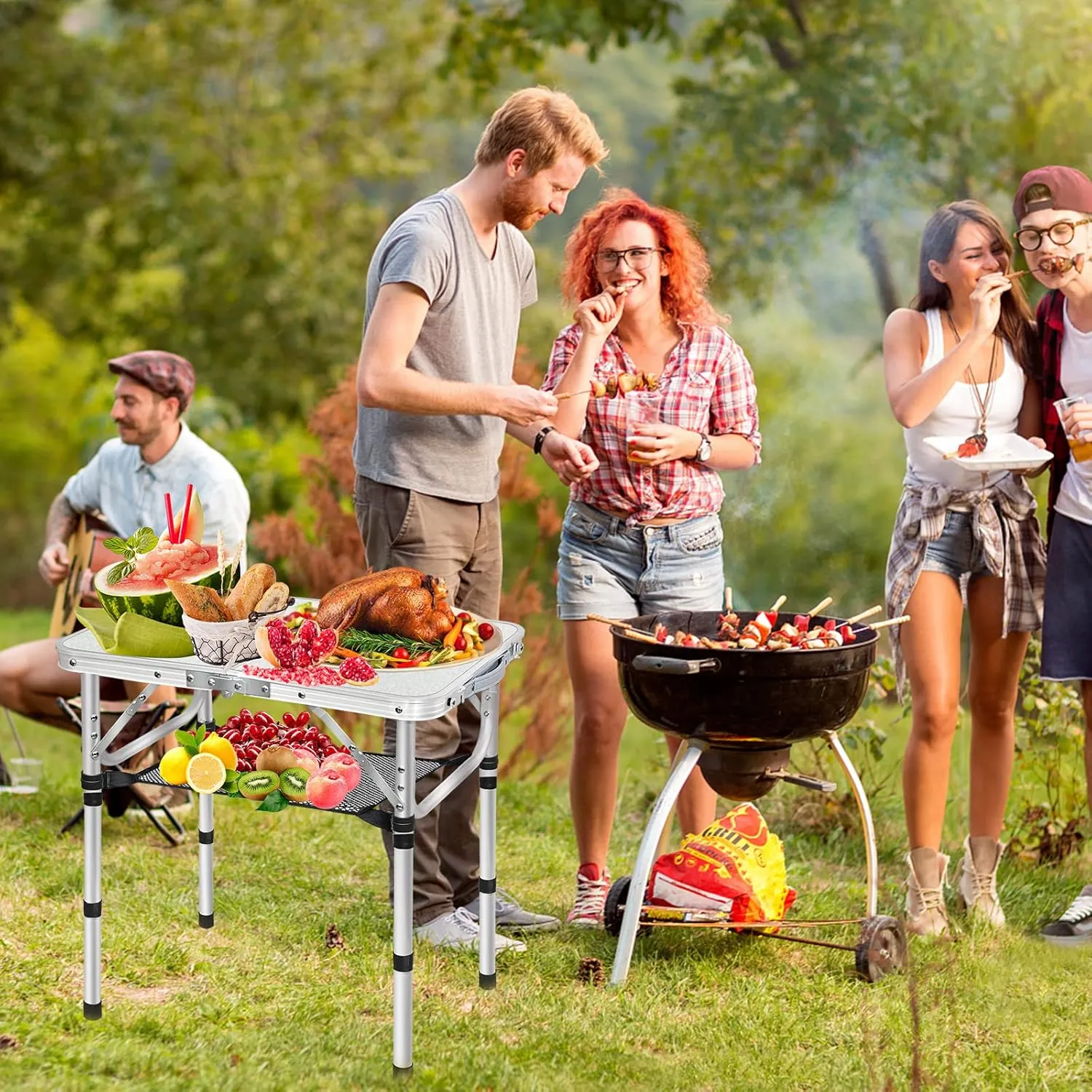 Small Folding Camping Table, 3 Heights Adjustable Portable Camp Table, 2Ft 24''L x 16''W Aluminum Foldable Picnic Table with Mesh Layer, White Folding Table for Outdoor Indoor Beach BBQ