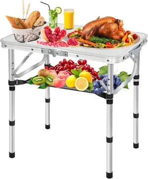 Small Folding Camping Table, 3 Heights Adjustable Portable Camp Table, 2Ft 24''L x 16''W Aluminum Foldable Picnic Table with Mesh Layer, White Folding Table for Outdoor Indoor Beach BBQ