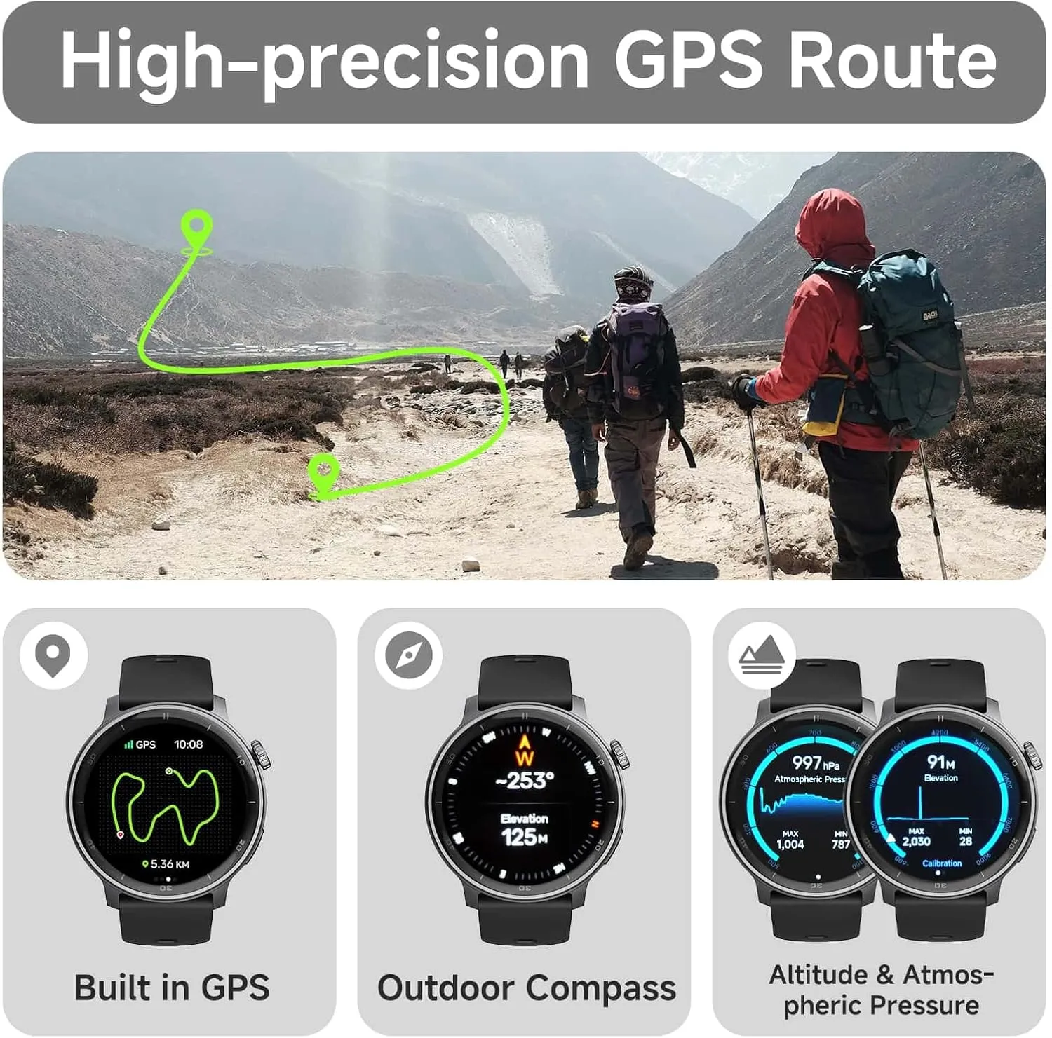 Smartwatch, Built in GPS, 1.43" HD AMOLED, 24/7 Blood Oxygen/Stress/Heart Rate Monitoring, Sleep Tracker, Women's Health, Make/Answer Call, Reminders, Compass, Altimeter (Bluetooth, 2 Bands, Black)