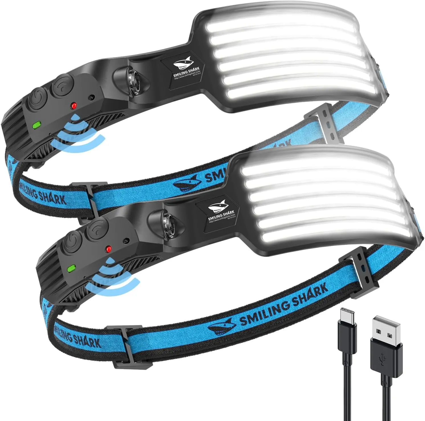 Smiling Shark Rechargeable Headlamp, 2 Pack Wide Angle 6*White Light The Brightest LED Head Lamp with Motion Sensor Waterproof Headlight for Camping Hiking Outdoor, Head-Light-LED-Lamp-Rechargeable