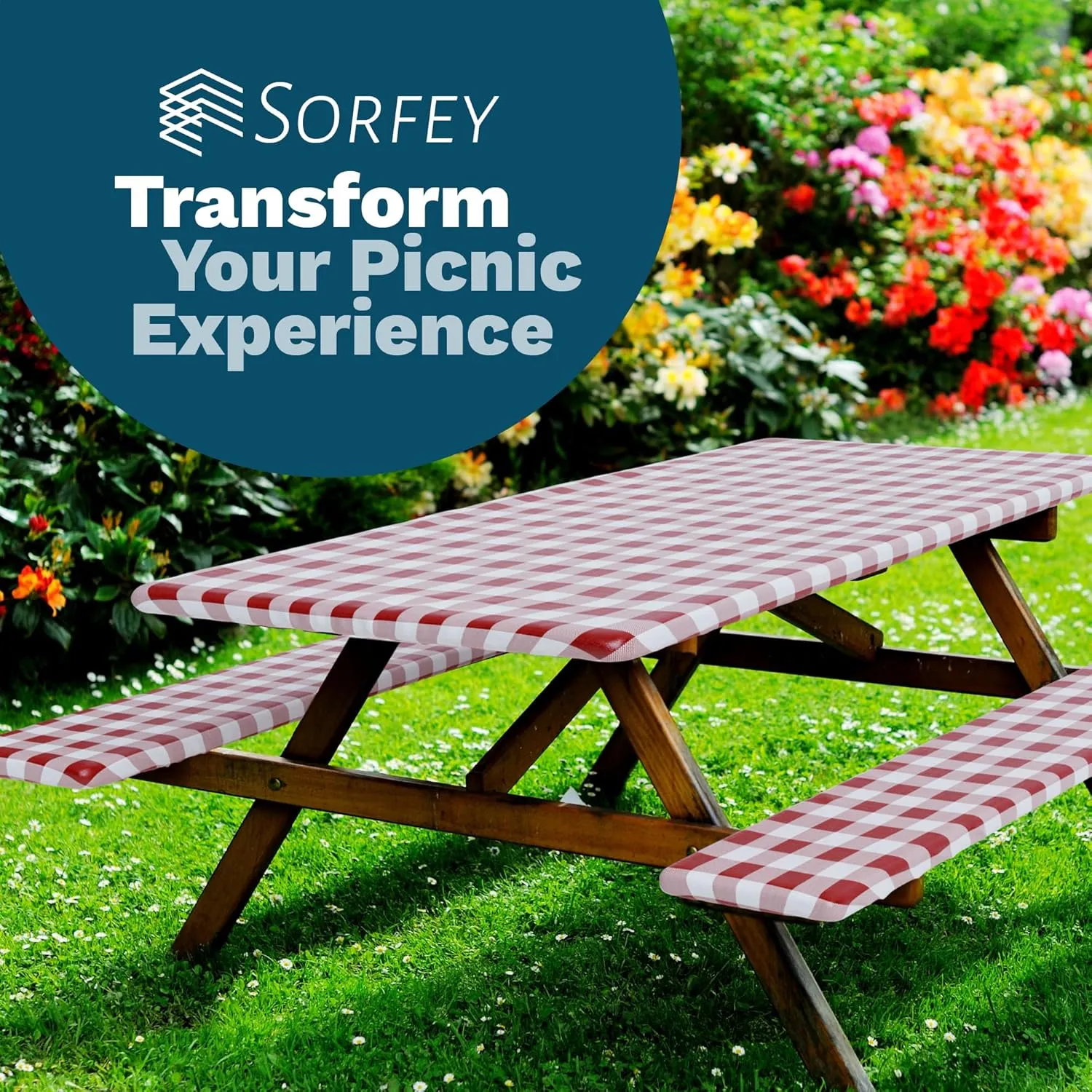 Sorfey Picnic Table Cover with Bench Covers -Fitted with Elastic, Vinyl with Flannel Back, Fits for Table 30"x 72" Rectangle,Water Proof, Solid Green Design