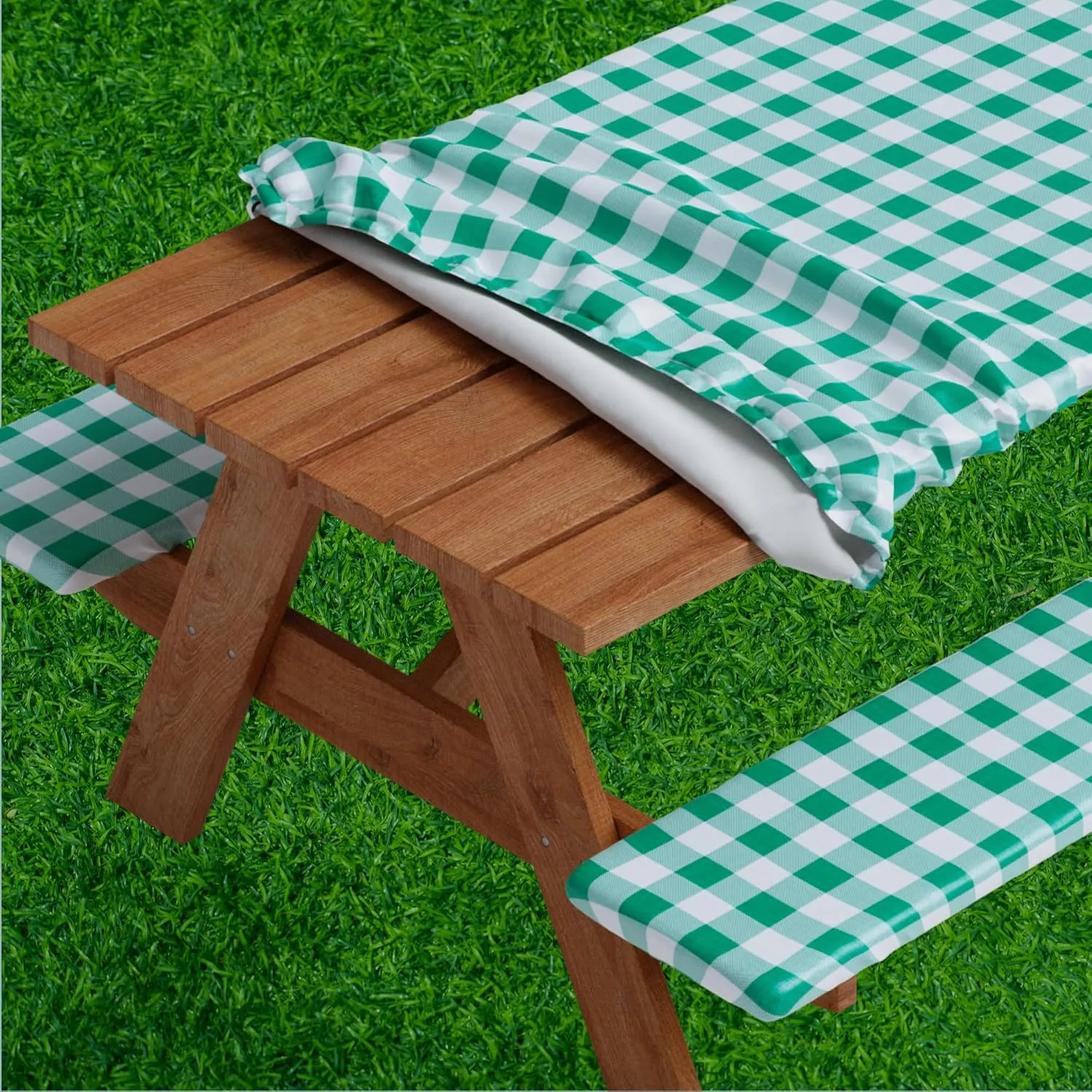Sorfey Picnic Table Cover with Bench Covers -Fitted with Elastic, Vinyl with Flannel Back, Fits for Table 30"x 72" Rectangle,Water Proof, Solid Green Design