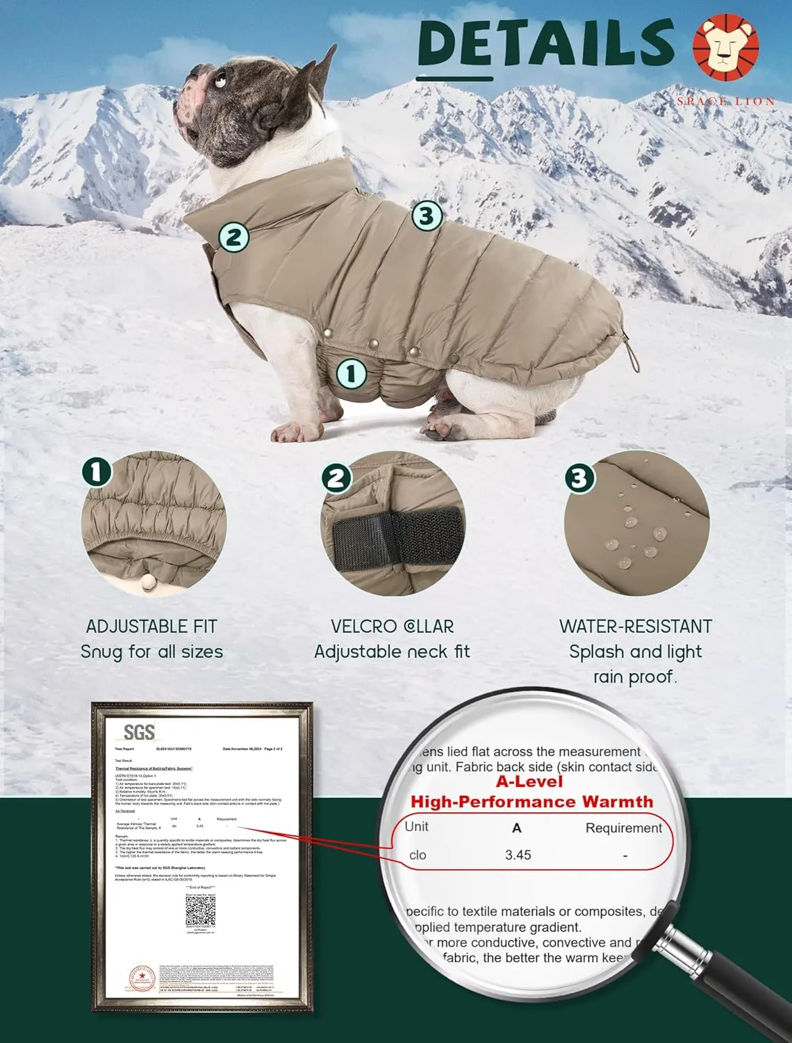 SPACE LION Puffer Jacket, Down Winter Coat, Waterproof, Windproof, Lightweight Jacket, Adjustable Fit for Small, Medium, Large Dogs (Khaki, M)