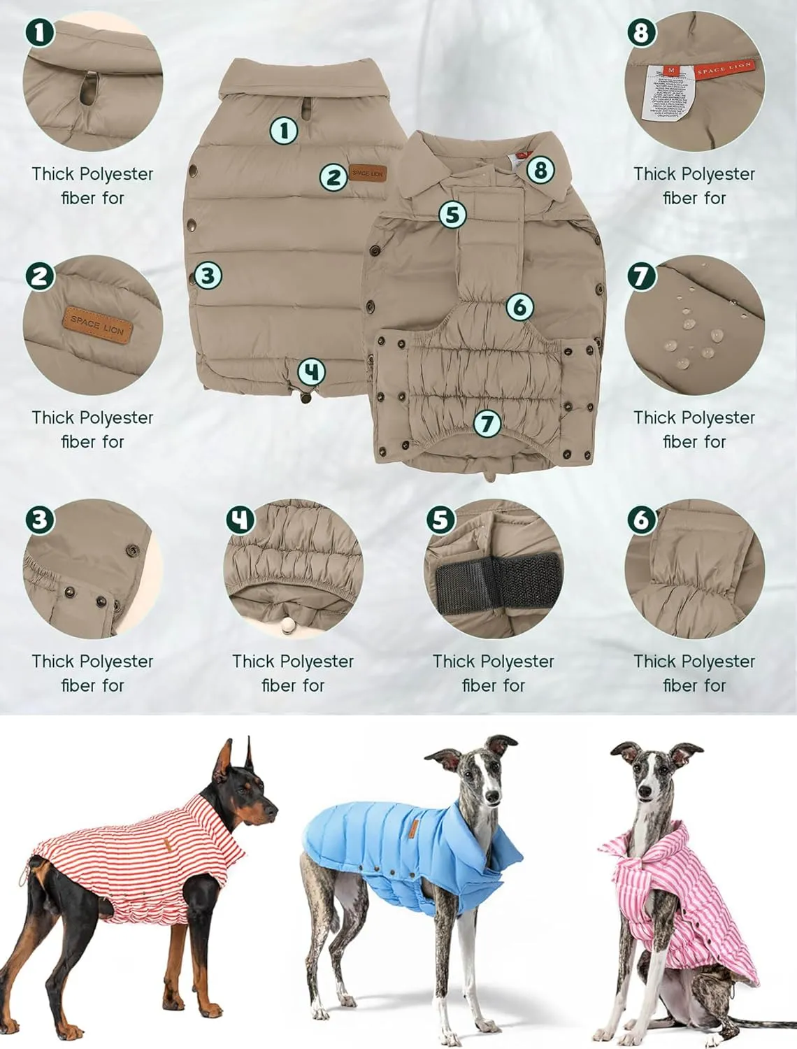 SPACE LION Puffer Jacket, Down Winter Coat, Waterproof, Windproof, Lightweight Jacket, Adjustable Fit for Small, Medium, Large Dogs (Khaki, M)