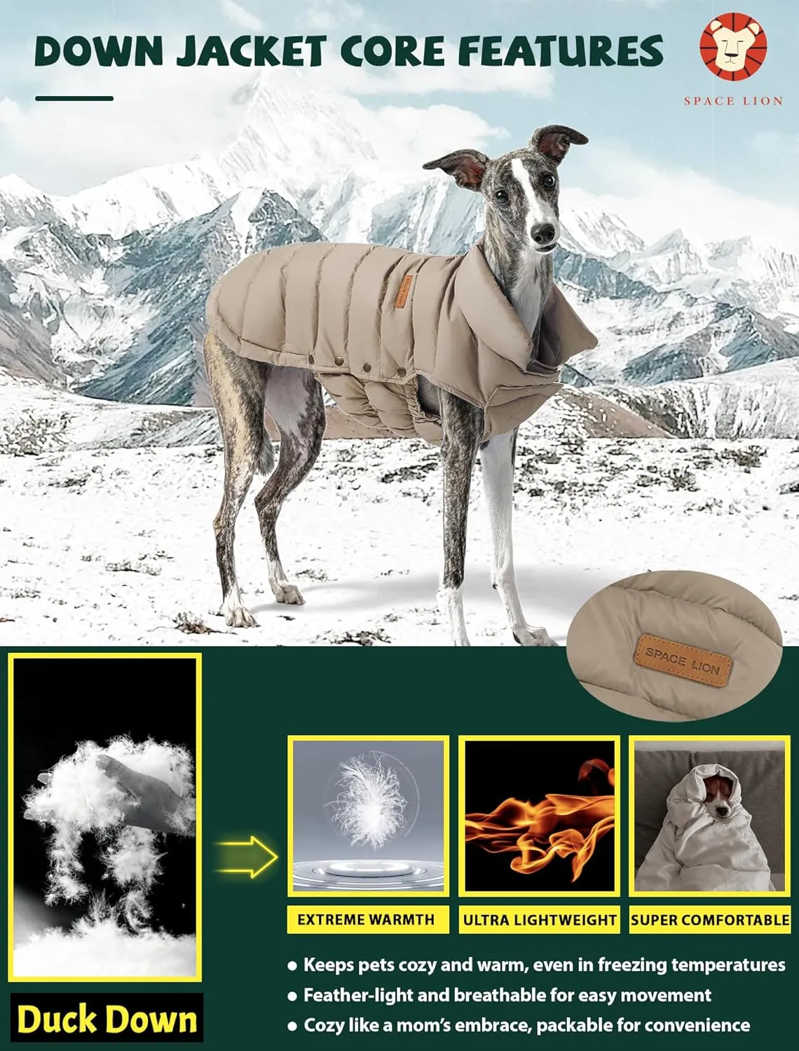 SPACE LION Puffer Jacket, Down Winter Coat, Waterproof, Windproof, Lightweight Jacket, Adjustable Fit for Small, Medium, Large Dogs (Khaki, M)