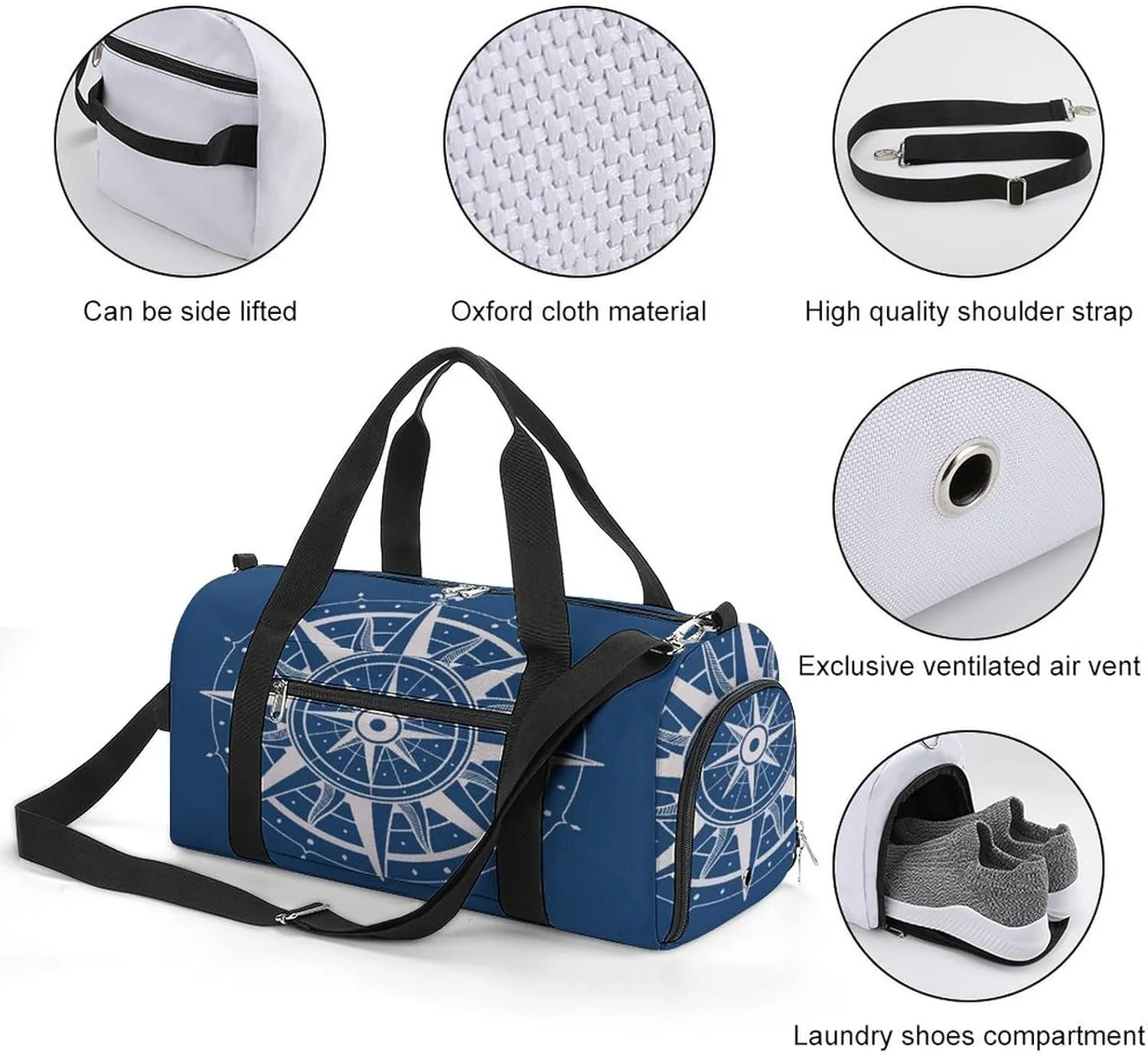 Sport Gym Duffel with Shoe Compartment Wet Pocket, Vintage-rose Compass Shoulder Travel Bag for Women Men, style
