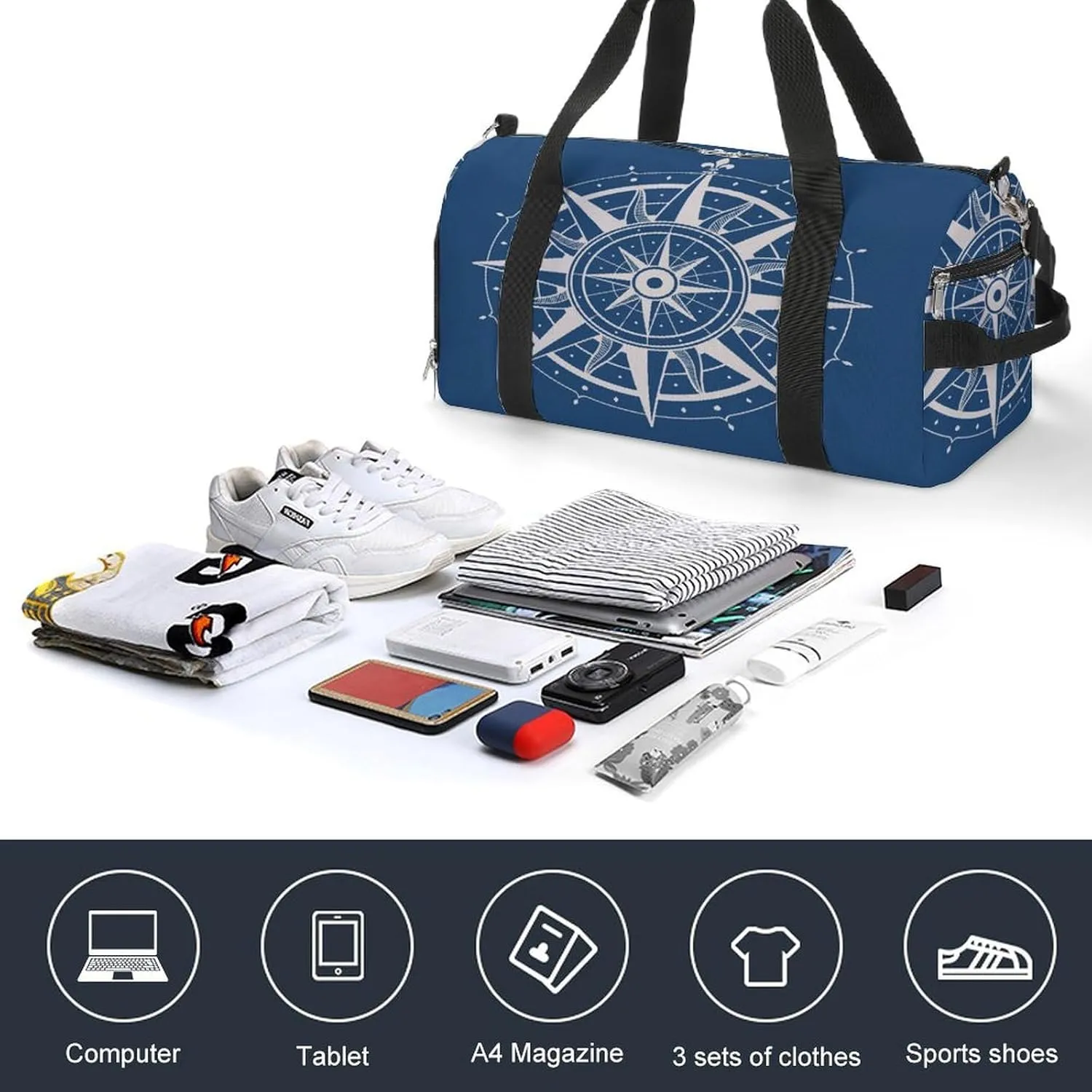 Sport Gym Duffel with Shoe Compartment Wet Pocket, Vintage-rose Compass Shoulder Travel Bag for Women Men, style