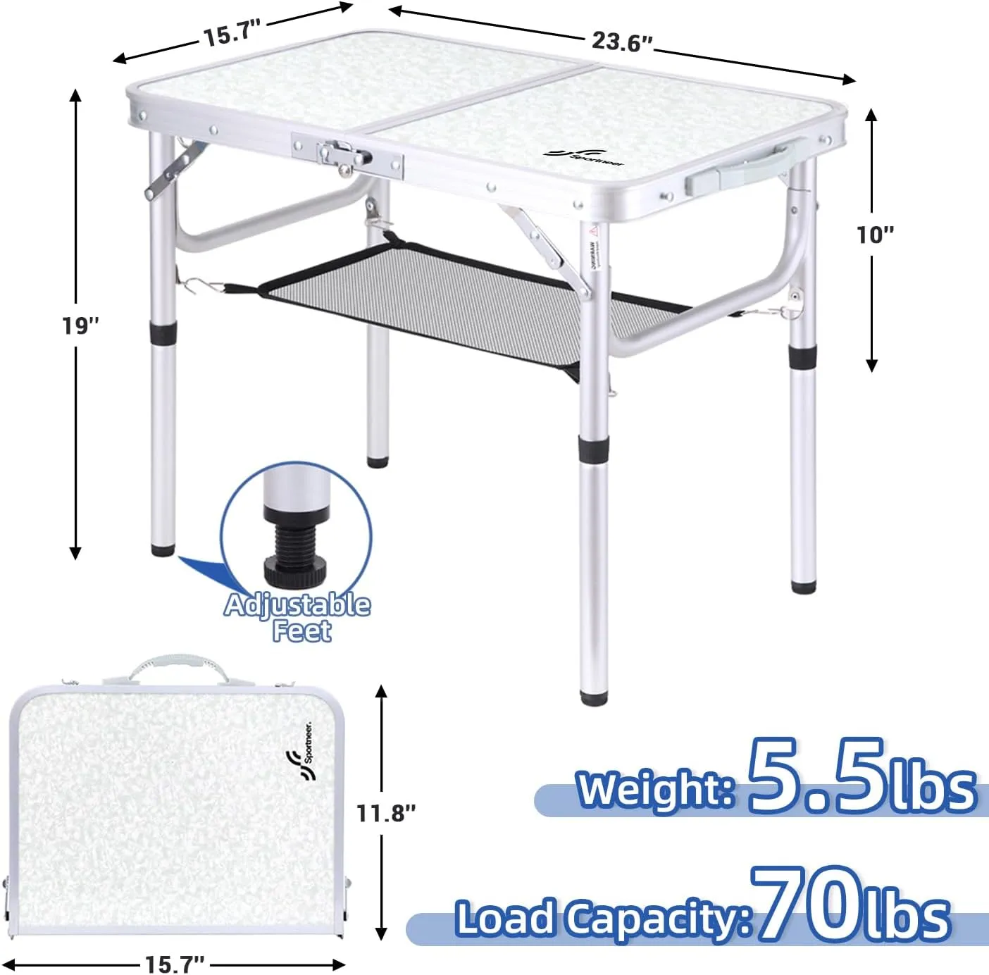 Sportneer Camping Table: Adjustable Height Small Folding Table 23.6" L x 15.7" W 2 Height with Mesh Layer - Compact & Portable Camping Essentials for Outdoor Camp Garden Picnic BBQ Dining Cooking