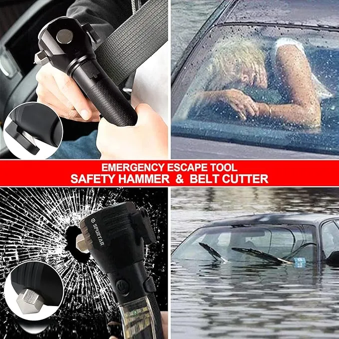 Spurtar 7 Modes Solar Flashlights with Car Safety Hammer, Seatbelt Cutter, Compass & Magnet, 2000 mAh Multi Function Tactical Flashlight, Emergency Flashlight for Car, LED Flashlight, Black