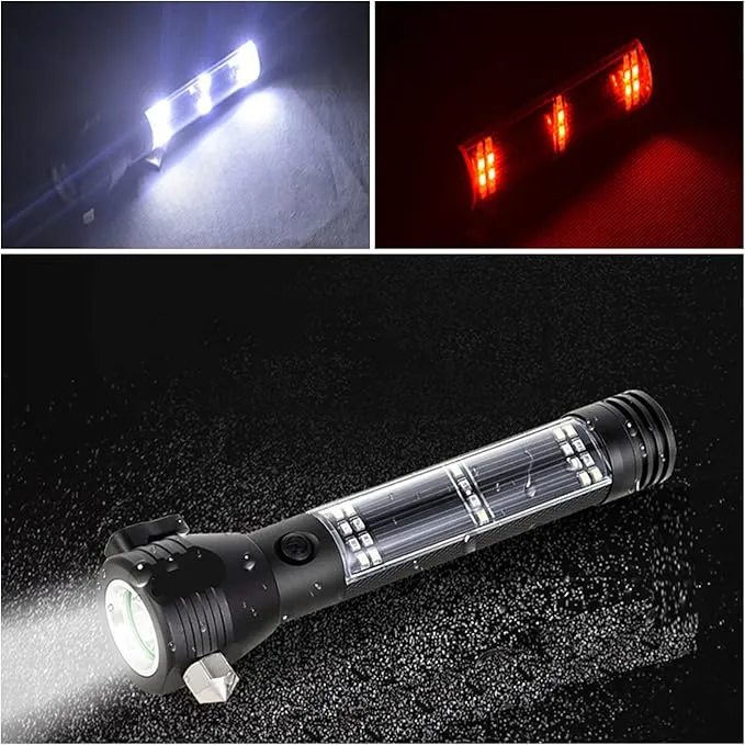 Spurtar 7 Modes Solar Flashlights with Car Safety Hammer, Seatbelt Cutter, Compass & Magnet, 2000 mAh Multi Function Tactical Flashlight, Emergency Flashlight for Car, LED Flashlight, Black