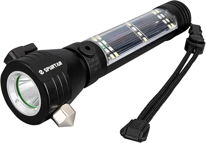 Spurtar 7 Modes Solar Flashlights with Car Safety Hammer, Seatbelt Cutter, Compass & Magnet, 2000 mAh Multi Function Tactical Flashlight, Emergency Flashlight for Car, LED Flashlight, Black