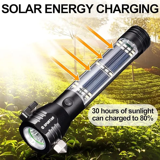 Spurtar 7 Modes Solar Flashlights with Car Safety Hammer, Seatbelt Cutter, Compass & Magnet, 2000 mAh Multi Function Tactical Flashlight, Emergency Flashlight for Car, LED Flashlight, Black