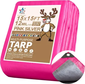 STARPYNG-12 Mil Pink/Silver 15x15 Feet Tarp-Heavy Duty Poly Tarp-Cover,Waterproof, UV Resistant, Weather Resistant, Cover Cars, Boats, Courtyards,Camping